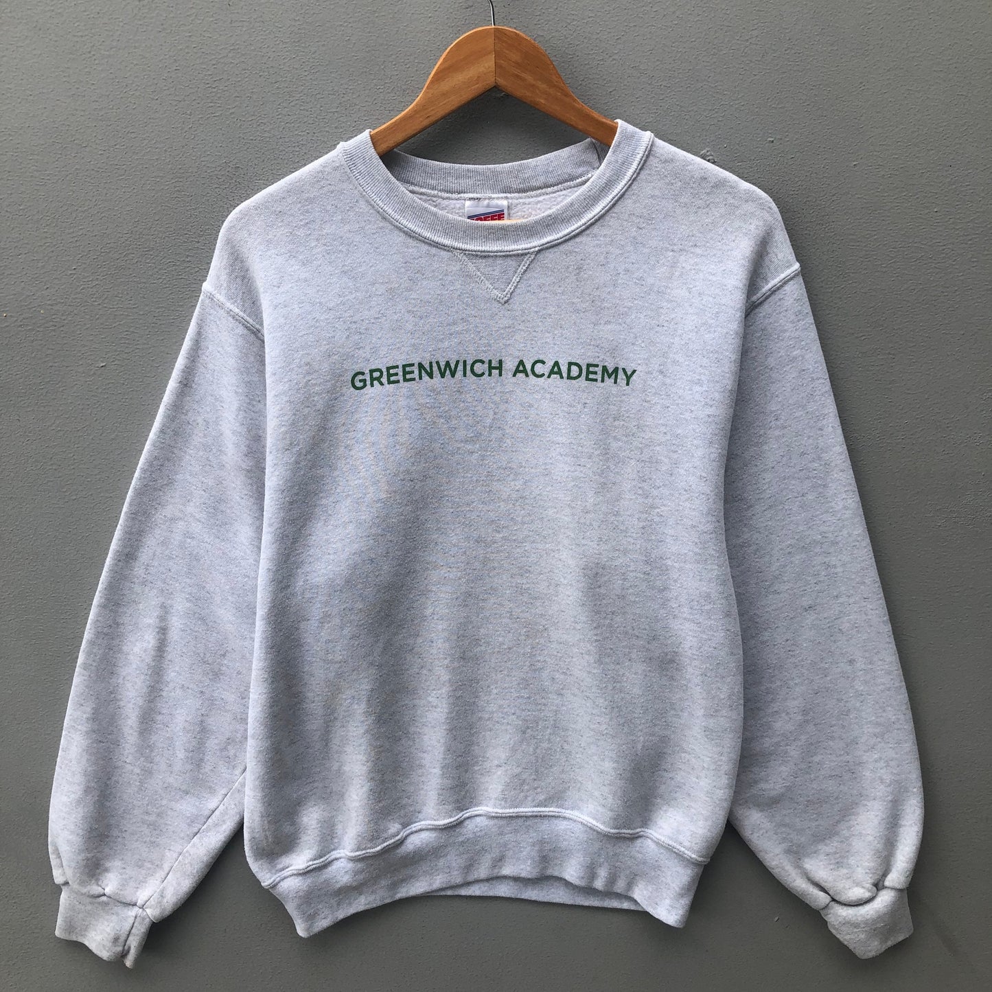 Vintage Y2K Soffe Tag Greenwich Academy Big Backprint Spellout Logo Sweatshirt Crewneck Pullover Colour Grey Size Adult Small Sweatshirt – Soft Feel · Must-Have Style