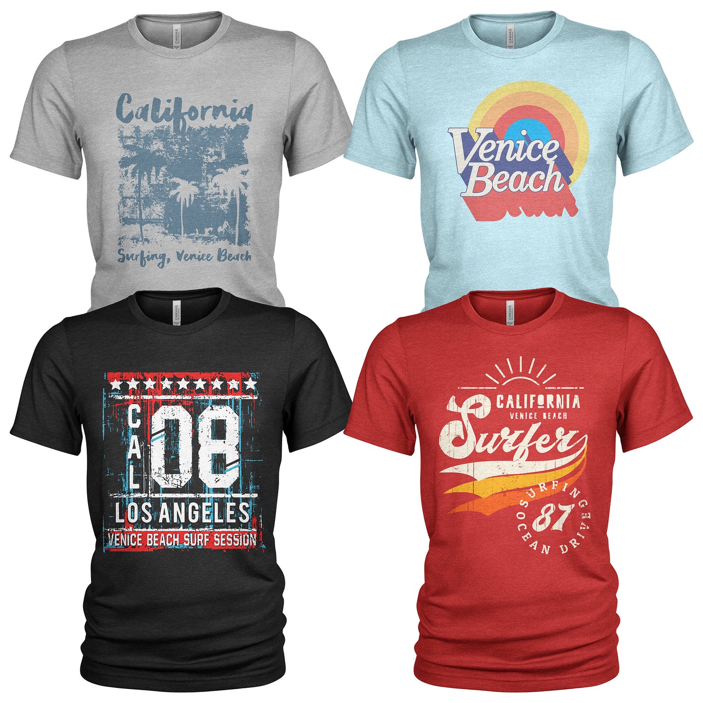Venice Beach Santa Monica Summer Holidays Men39s 4 Pack Crew Neck T Shirts 4115 Graphic Tee – Everyday Comfort · High-Quality Print