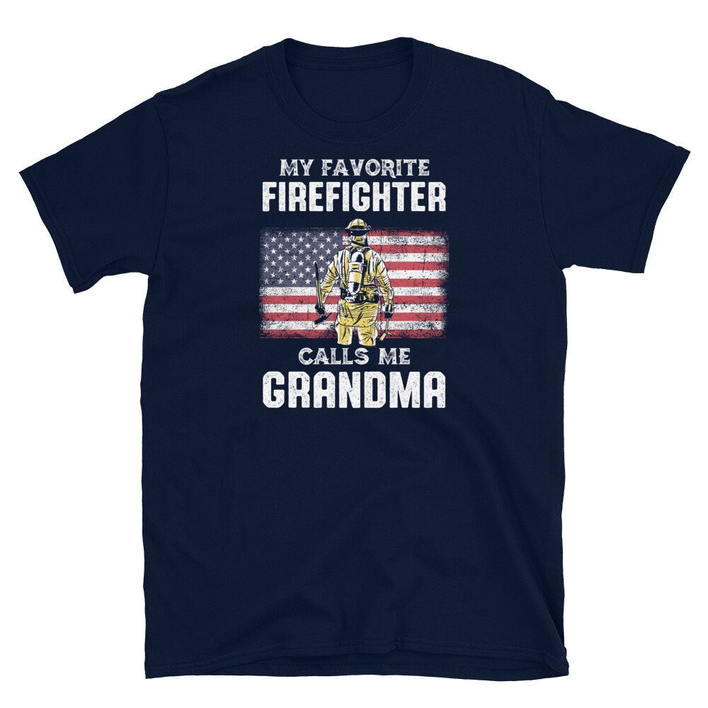 US Flag My Favorite Firefighter Calls Me Grandma Shirt Graphic Tee – Feel-Good Design · High-Quality Print