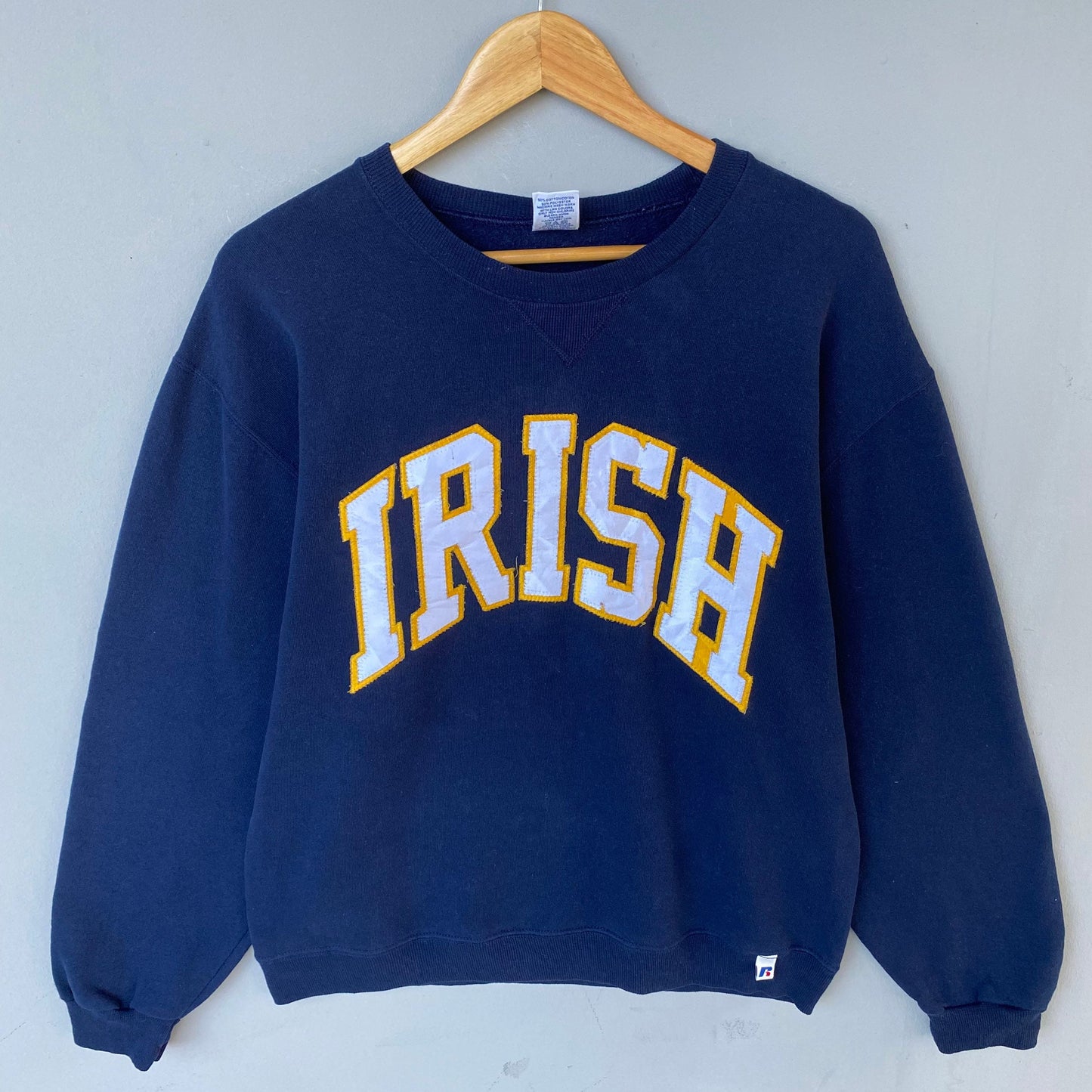 Vintage 90s Russel Tag Irish Spellout Big Logo Embroided Sweatshirt Crewneck Sweater Pullover Russel Irish Colour NavyBlue Size Medium Sweatshirt – Premium Graphic · Trending Graphic Apparel
