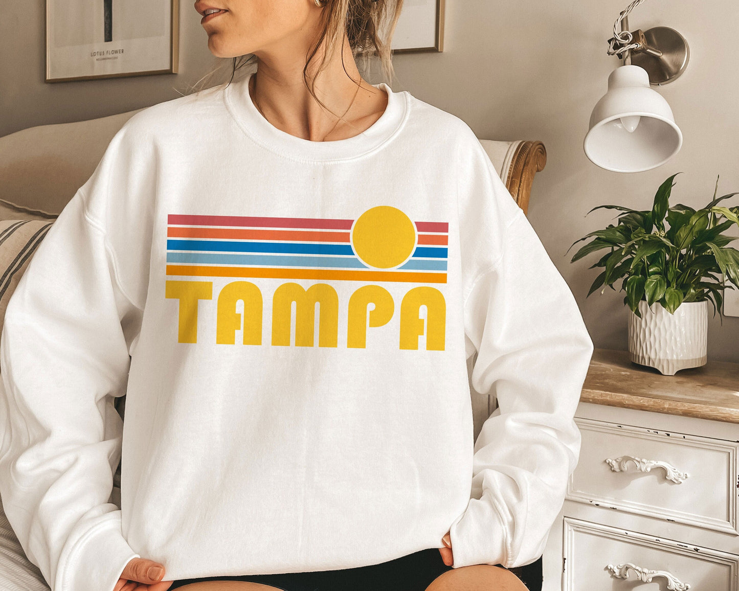 Tampa Florida Sweatshirt Retro Sunset Unisex Tampa Sweatshirt Personalization Available Sweatshirt – Cozy Vibes · High-Quality Print