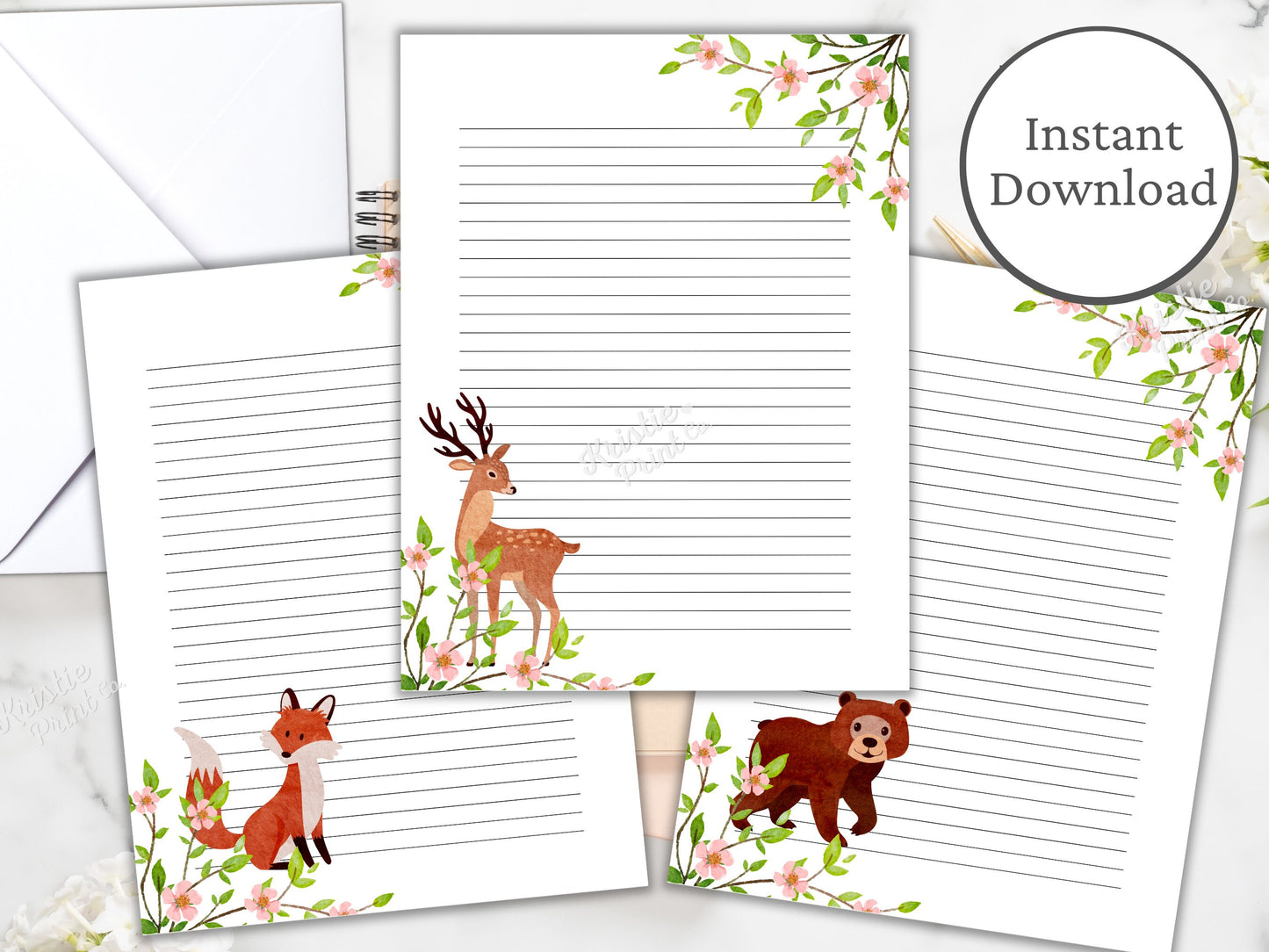 Cute Woodland Stationery Forest Animals Stationery Digital Note Paper Instant Download Deer Bear Fox Stationery Set Journal Paper Graphic Tee – Fan Favorite · High-Quality Print