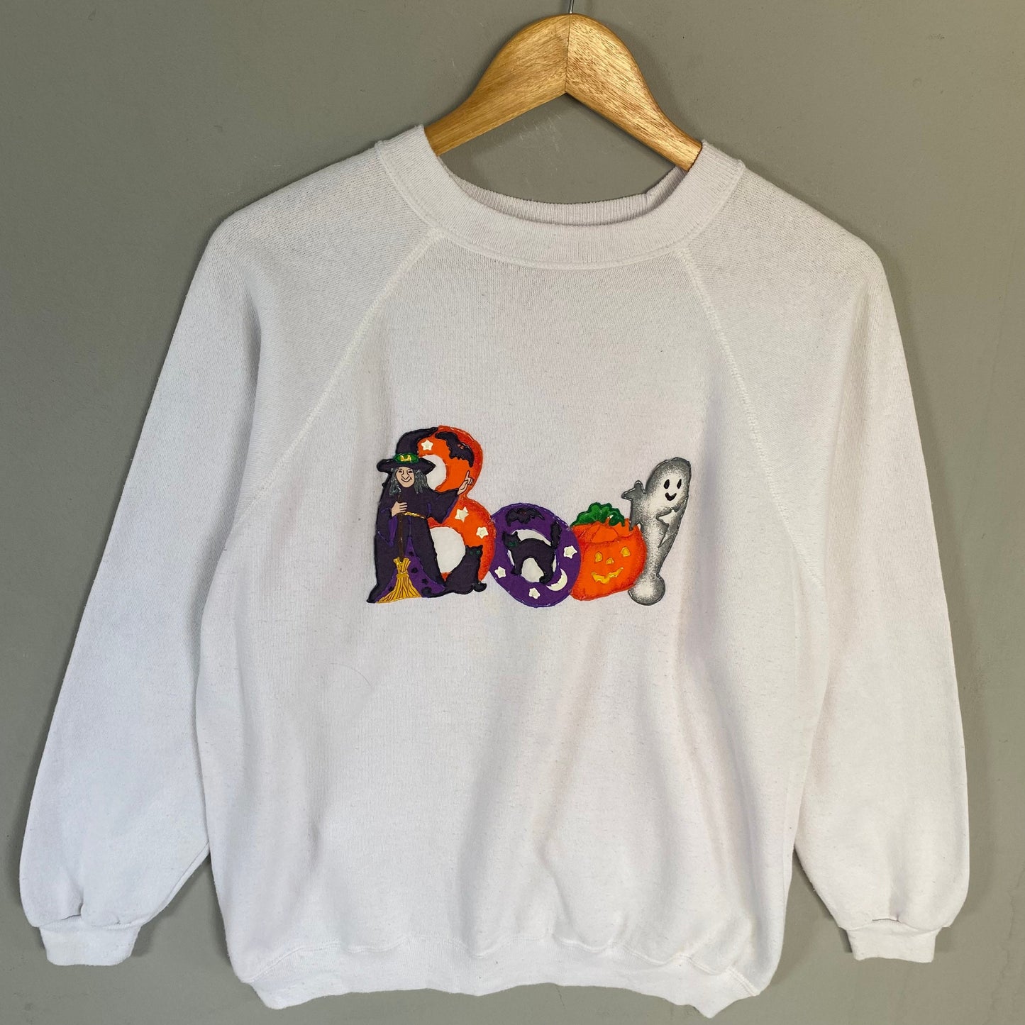 Vintage Hanes Tag BOO Spellout Printed Big Logo Sweatshirt Crewneck Jumper Sweater Halloween Design Colour White Size X large Sweatshirt – Easygoing Wear · Must-Have Style