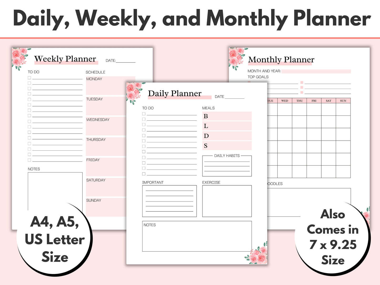 Daily planner Weekly planner Monthly planner Printable planner Planner set inserts A4 A5 US Letter 7 x 925 Planner Pages PDF Graphic Tee – Aesthetic Look · Perfect For Daily Wear