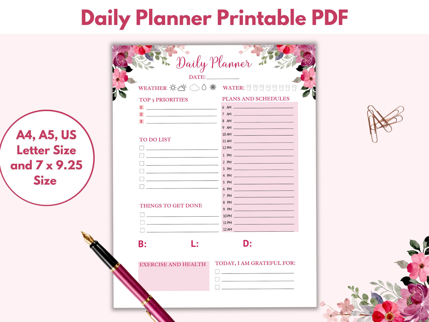 Planner Printable Hourly Floral Planner Printable Beautiful Planner Daily Planner Template A4 A5 US Letter 7 x 925 Botanical Graphic Tee – Fan Favorite · High-Quality Print