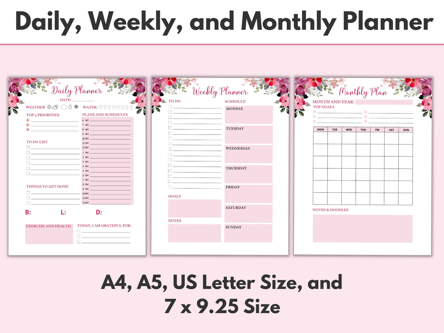 Floral Printable Planner Daily planner Weekly planner Monthly planner Planner set inserts A4 A5 US Letter Cute Planner Template Graphic Tee – Cozy Vibes · High-Quality Print