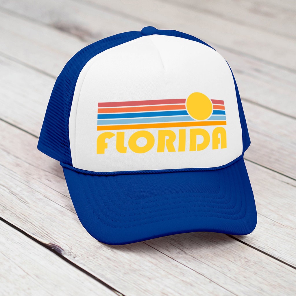 Florida Hat Retro Sunrise Foam Florida Trucker Cap Personalization Available Graphic Tee – Feel-Good Design · Perfect For Daily Wear