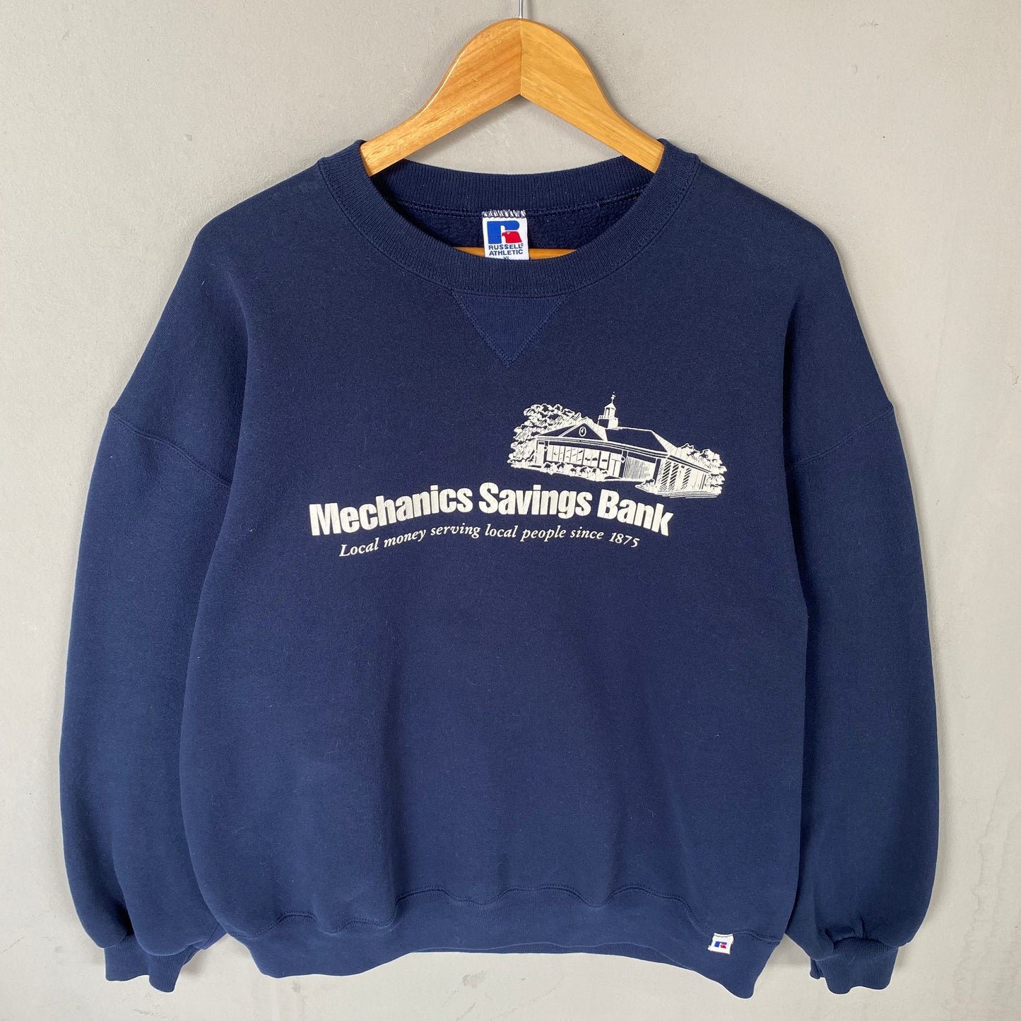 Vintage Russell Tag Mechanics Savings Bank Big Logo Printed Sweatshirt Crewneck Pullover Sweater Russell Colour NavyBlue Size X Large Sweatshirt – Cozy Vibes · Trending Graphic Apparel