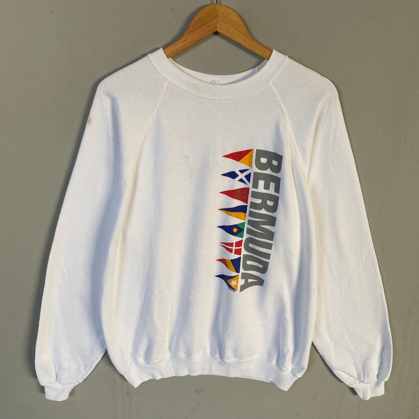 Vintage Hanes Tag Bermuda Spellout Big Logo Printed Sweatshirt Crewneck Pullover Sweater Bermuda Sailing Code Colour White Size 2X Large Sweatshirt – Premium Graphic · Trending Graphic Apparel