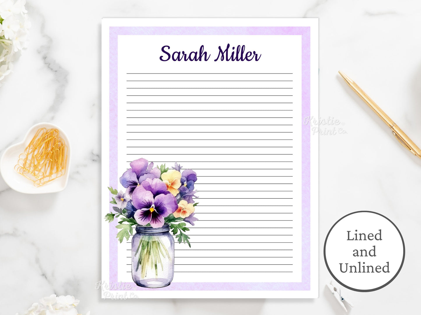 Personalized Stationery Country Stationary Purple Stationery Viola Flowers in Jar Border Stationery Lined Writing Paper Unlined Graphic Tee – Aesthetic Look · High-Quality Print