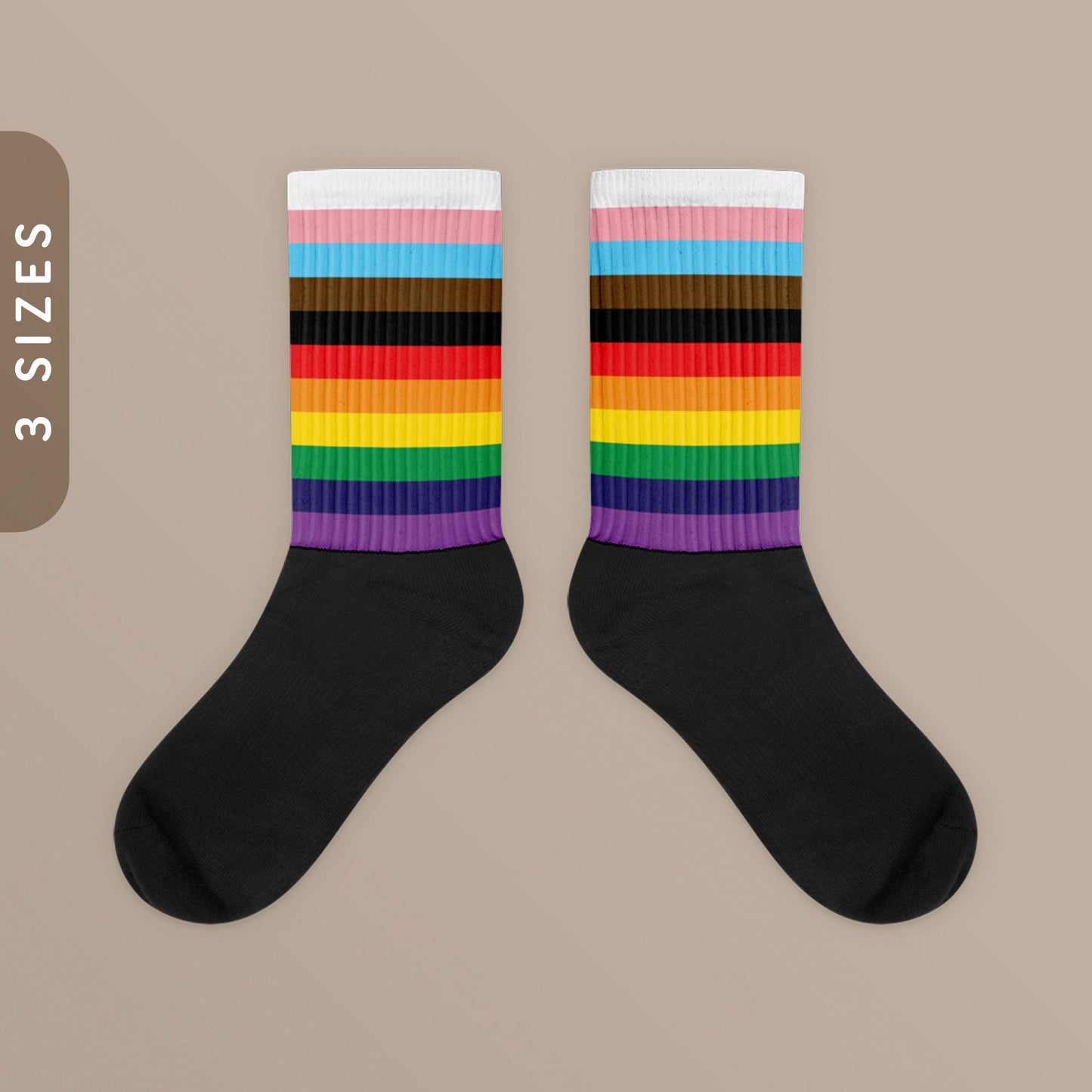 Progressive Flag Color Socks Black Foot Sublimated Socks Progress Pride Flag Socks LGBTQI Rainbow Gift LGBTQ Ally Pride Wear Graphic Tee – Easygoing Wear · Must-Have Style