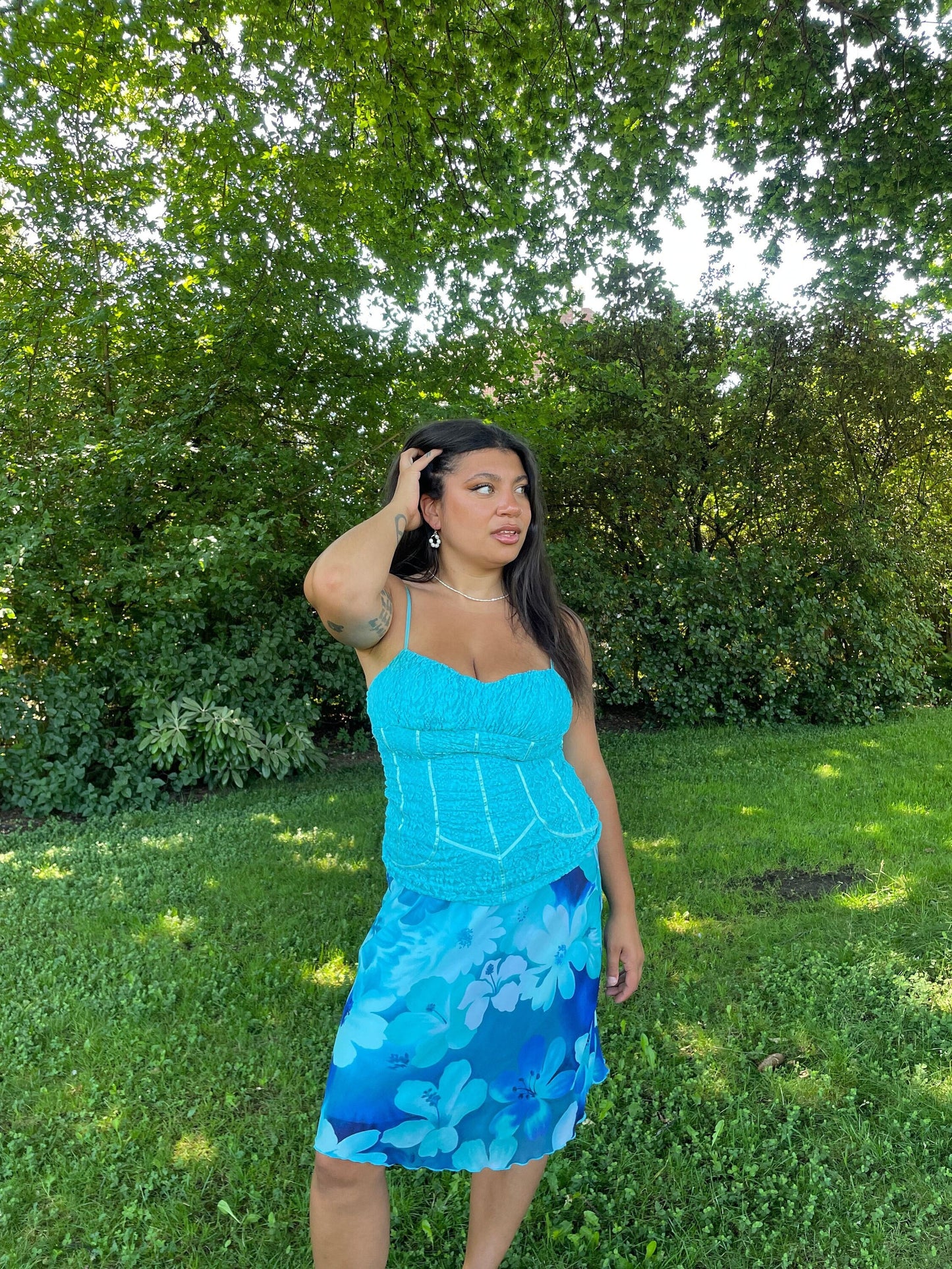 Vintage Y2K Blue Floral Midi Skirt Hibiscus Slip Skirt Graphic Tee – Fan Favorite · High-Quality Print