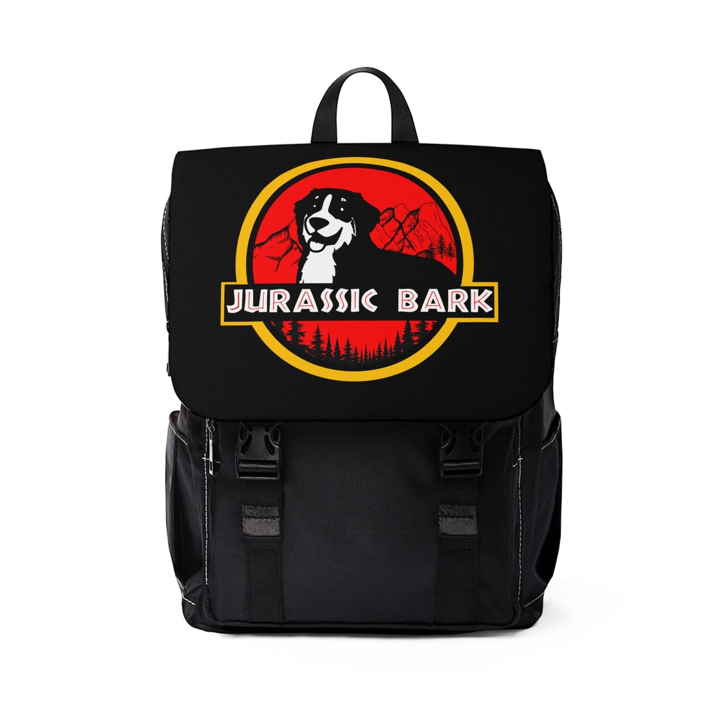 Jurassic Bark Chloe the Bernese Mountain Dog Back to School Unisex Casual Shoulder Backpack Graphic Tee – Aesthetic Look · Great Gift For Fans