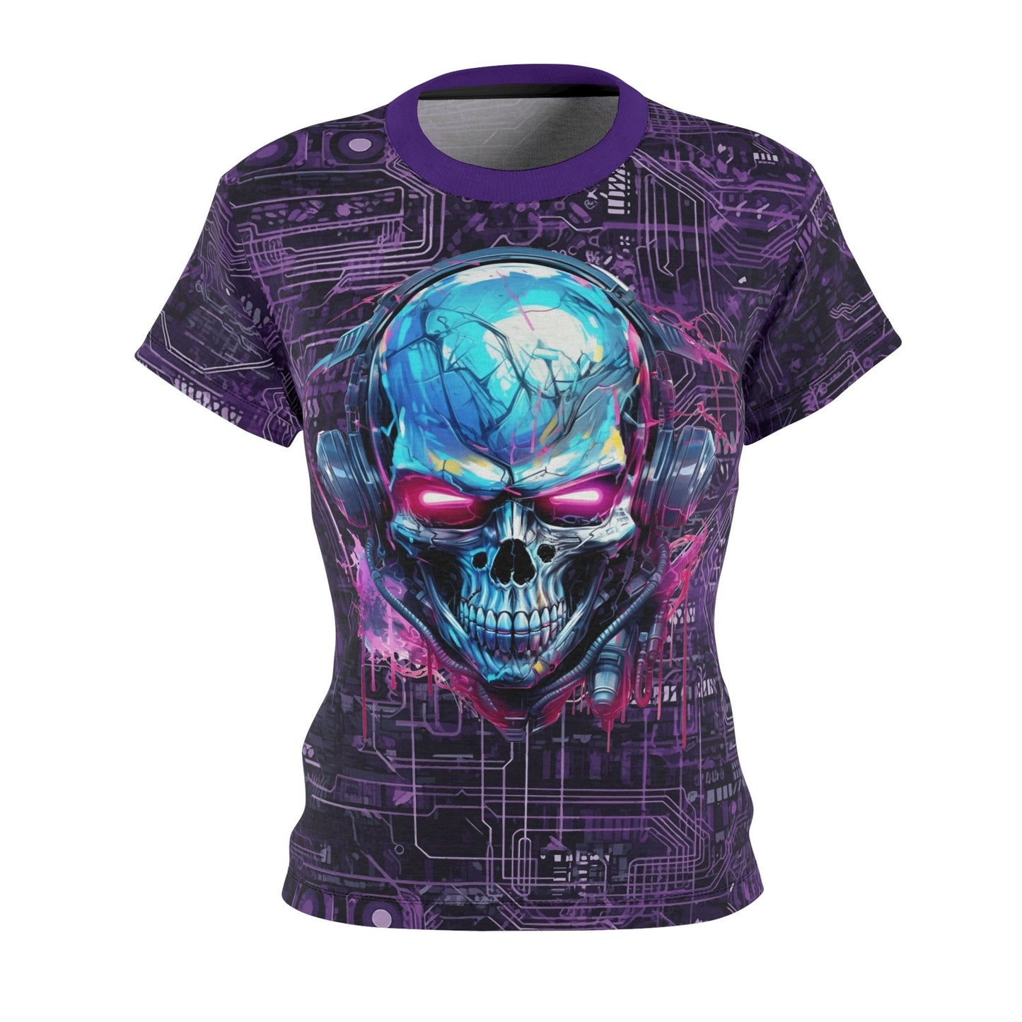CyberPunk Cybernetic Skull breaking through a Purple Neon Circuit Board Women39s Cut Sew Tee AOP Graphic Tee – Feel-Good Design · High-Quality Print