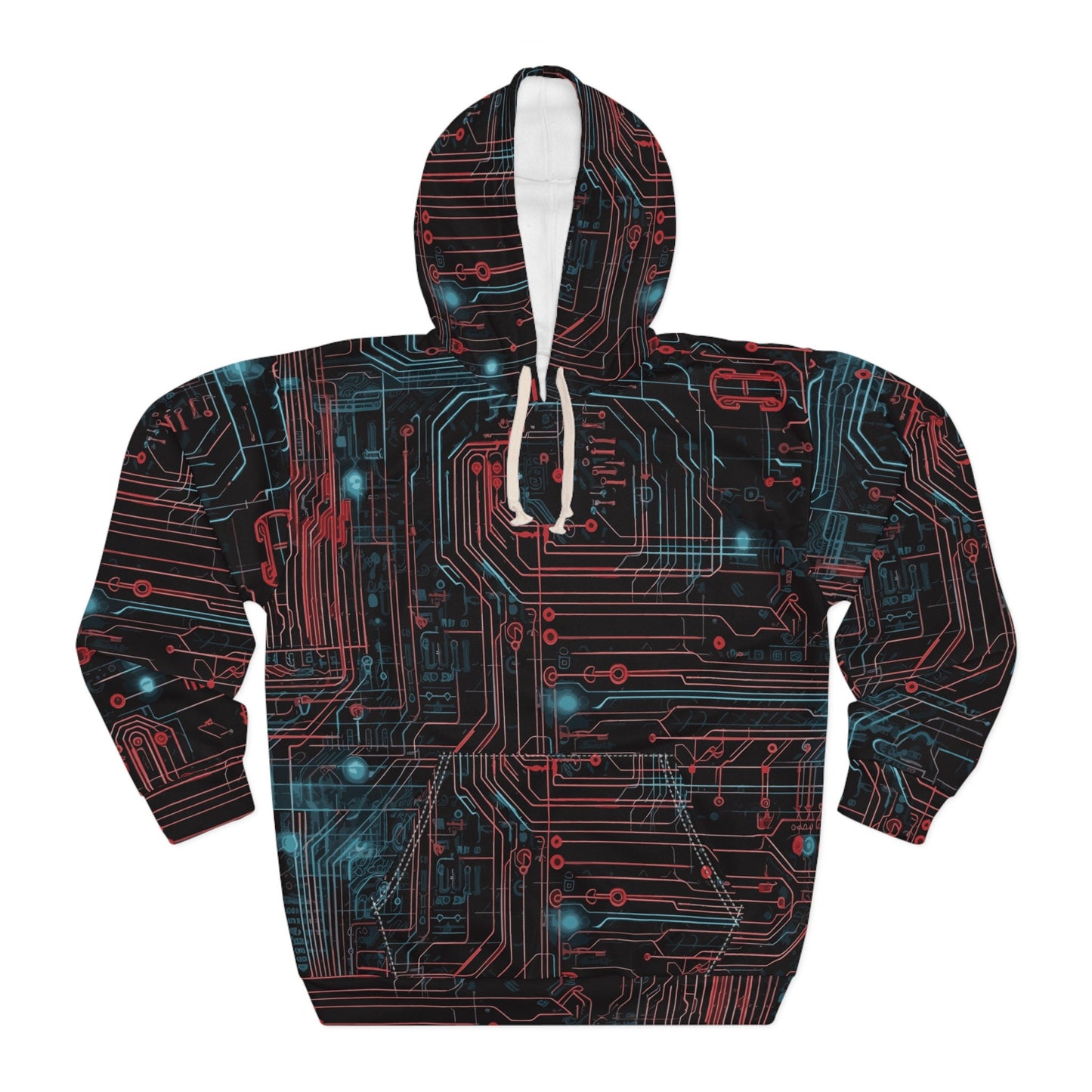 CyberPunk Cybernetic Skull breaking through a Red and Blue Neon Circuit Board Unisex Pullover Hoodie AOP Gifts for Her Gifts for Him Hoodie – Everyday Comfort · Top Pick For Any Outfit