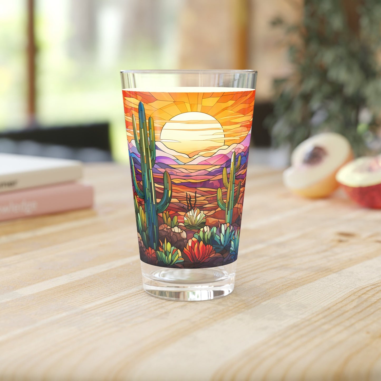 Desert with a Cactus Bloom A Stained Glass Tribute to Cacti 16oz Pint Glass Gift idea gifts for home decor housewarming gift Graphic Tee – Fan Favorite · Great Gift For Fans