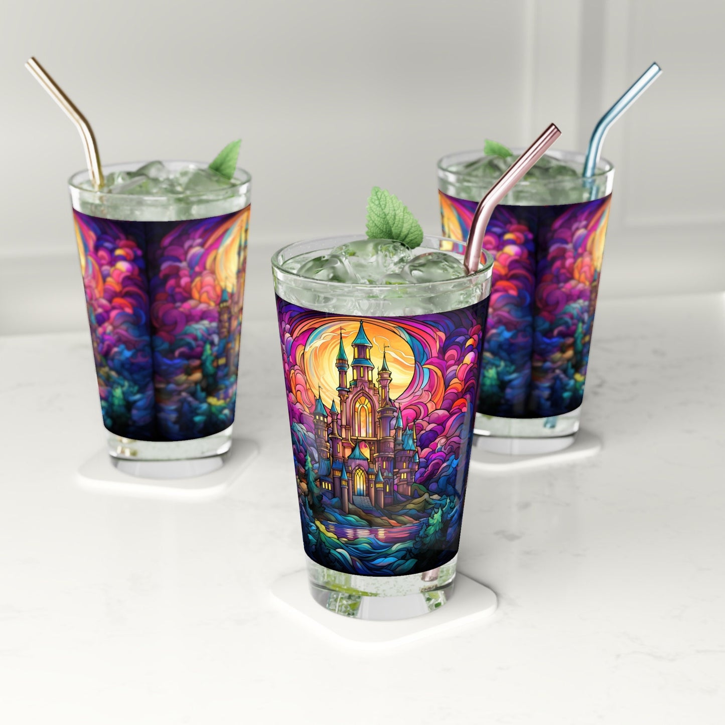 Enchanted Castle by the Creek A Magical Stained Glass Artwork on a 16oz Pint Glass Gift idea gifts for home decor housewarming gift Graphic Tee – Soft Feel · Perfect For Daily Wear