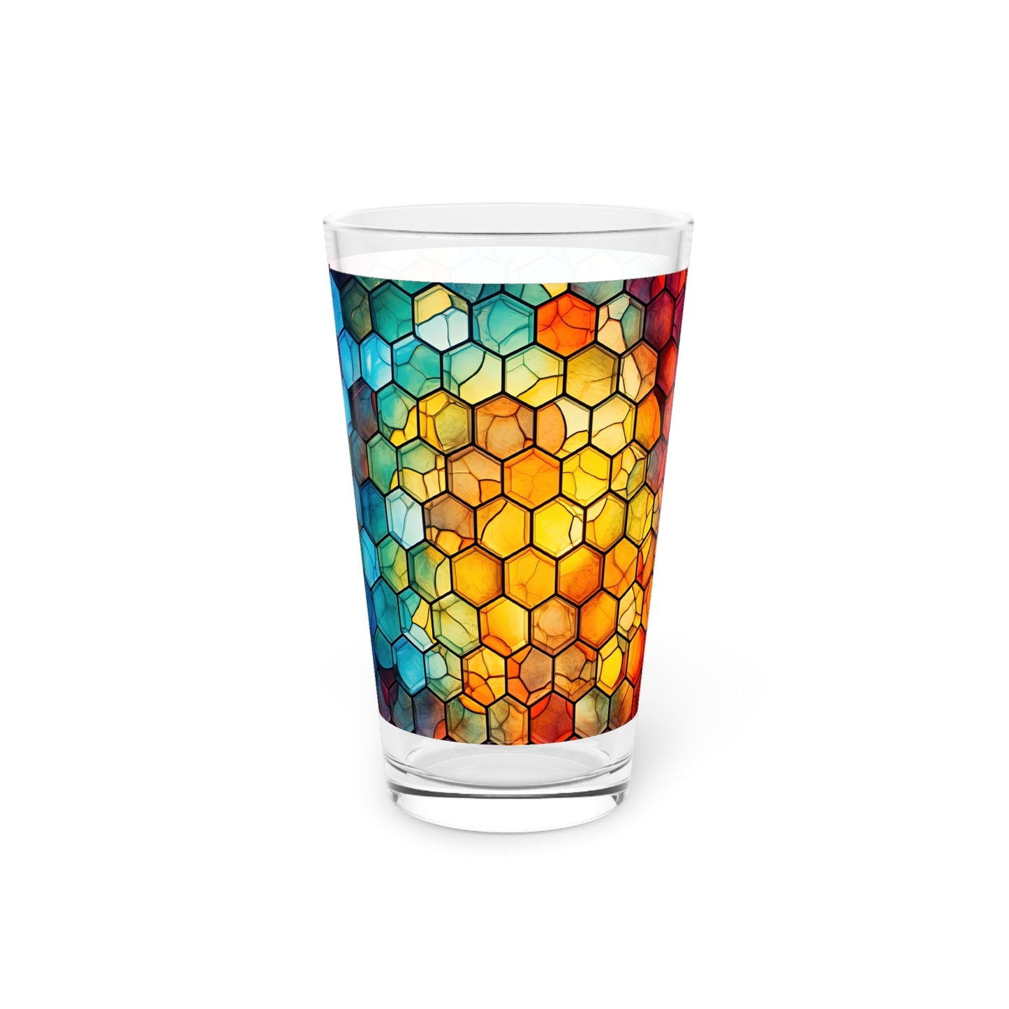 Honeycomb Suprise A Blue and Yellow Honeycomb Stained Glass Artwork on a 16oz Pint Glass Gift idea gifts for home decor housewarming gift Graphic Tee – Bold Style · Top Pick For Any Outfit