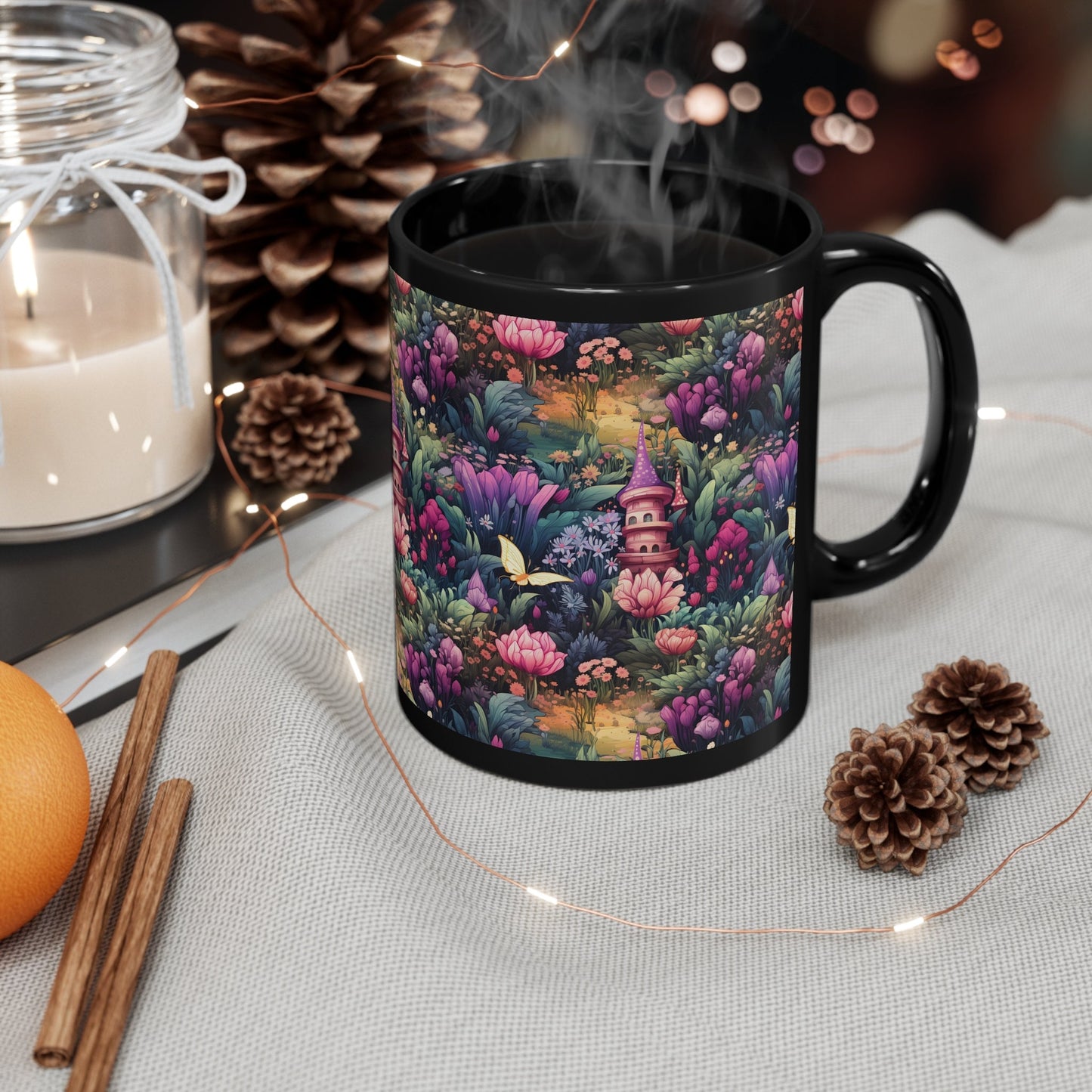 Fairy Garden With Pink Purple Flowers in the Enchanted Forest Mug Bringing Magic to Your Morning Brewquot 11oz Black Mug Fairycore Graphic Tee – Warm & Stylish · Must-Have Style