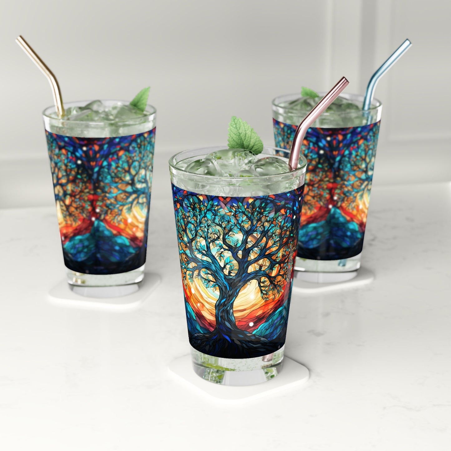 Nighttime Blossoms A Celestial Tree Stained Glass Art Work 16oz Pint Glass Gift idea gifts for home decor housewarming gift Graphic Tee – Soft Feel · Trending Graphic Apparel