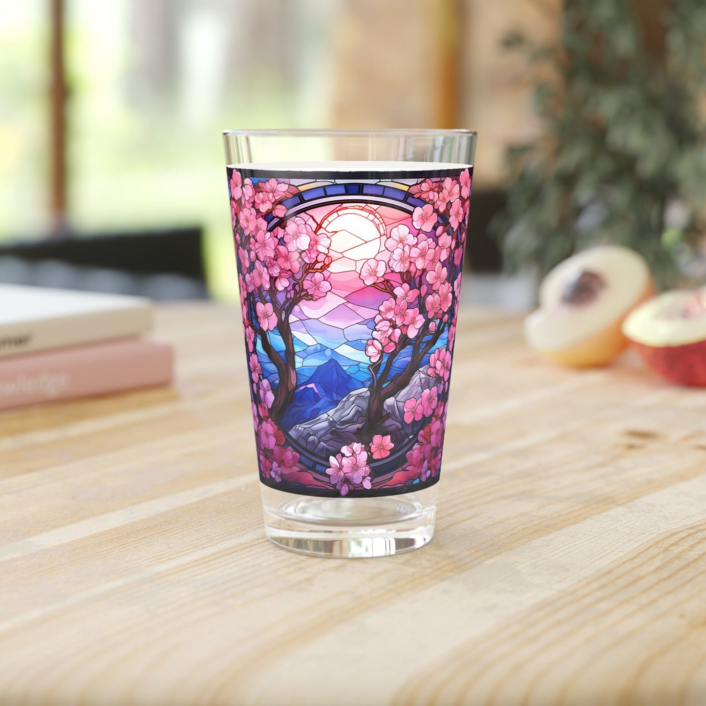 Cherry Blossoms in Full Bloom A Stained Glass Masterpiece 16oz Pint Glass Gift idea gifts for home decor housewarming gift Graphic Tee – Aesthetic Look · Great Gift For Fans