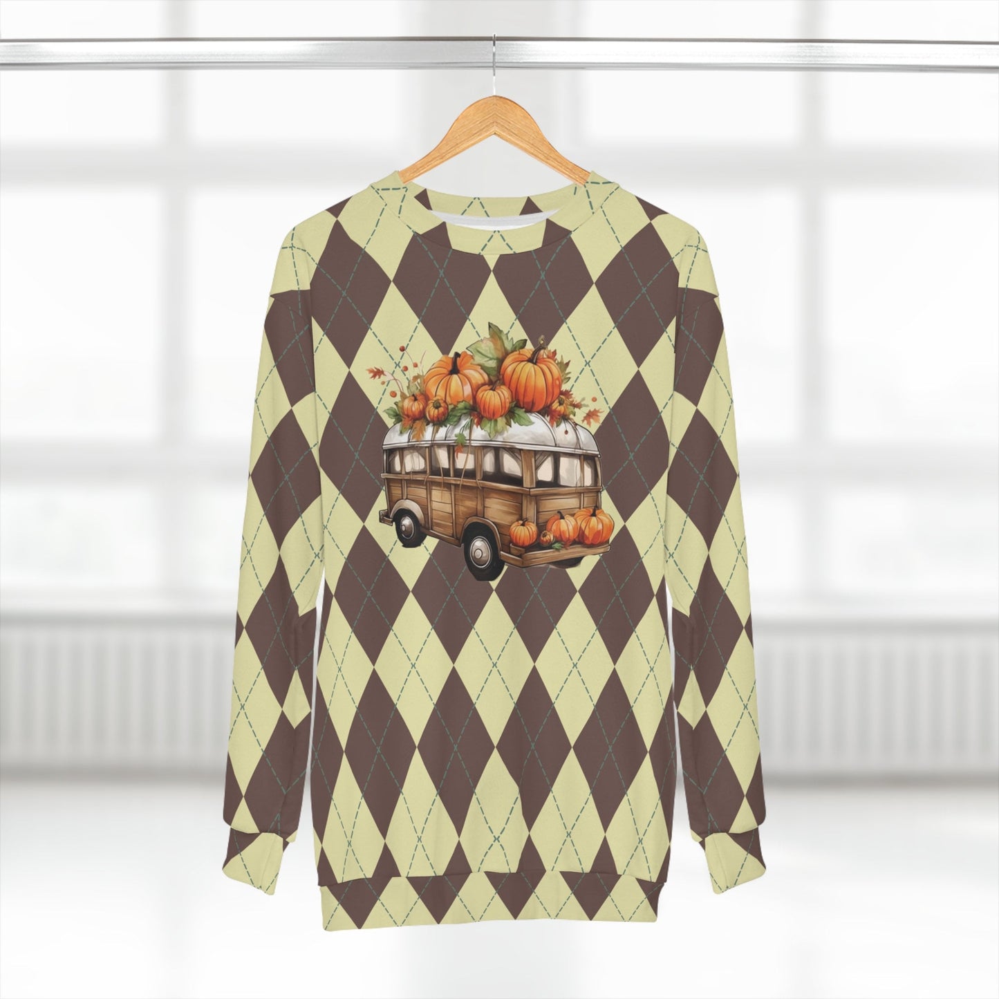 Vintage Van and Pumpkins Brown Rhombuses Fall Unisex Sweatshirt AOP Cozy Up to Autumn39s Charms Sweatshirt – Cozy Vibes · Must-Have Style