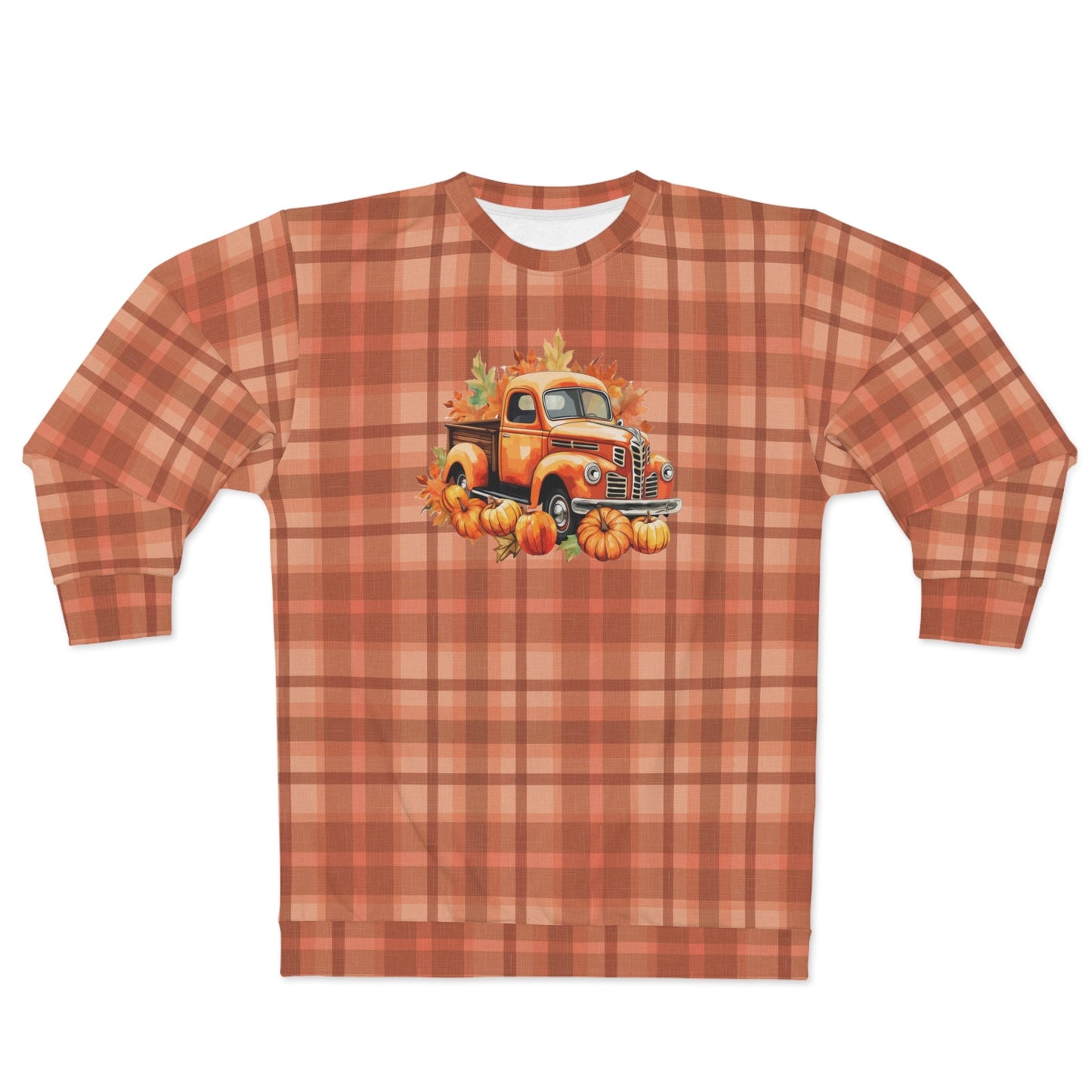 Vintage Orange Pickup and Pumpkins on a Plaid pattern Unisex Fall Sweatshirt AOP Celebrate Autumn in Cozy Style Sweatshirt – Soft Feel · Perfect For Daily Wear