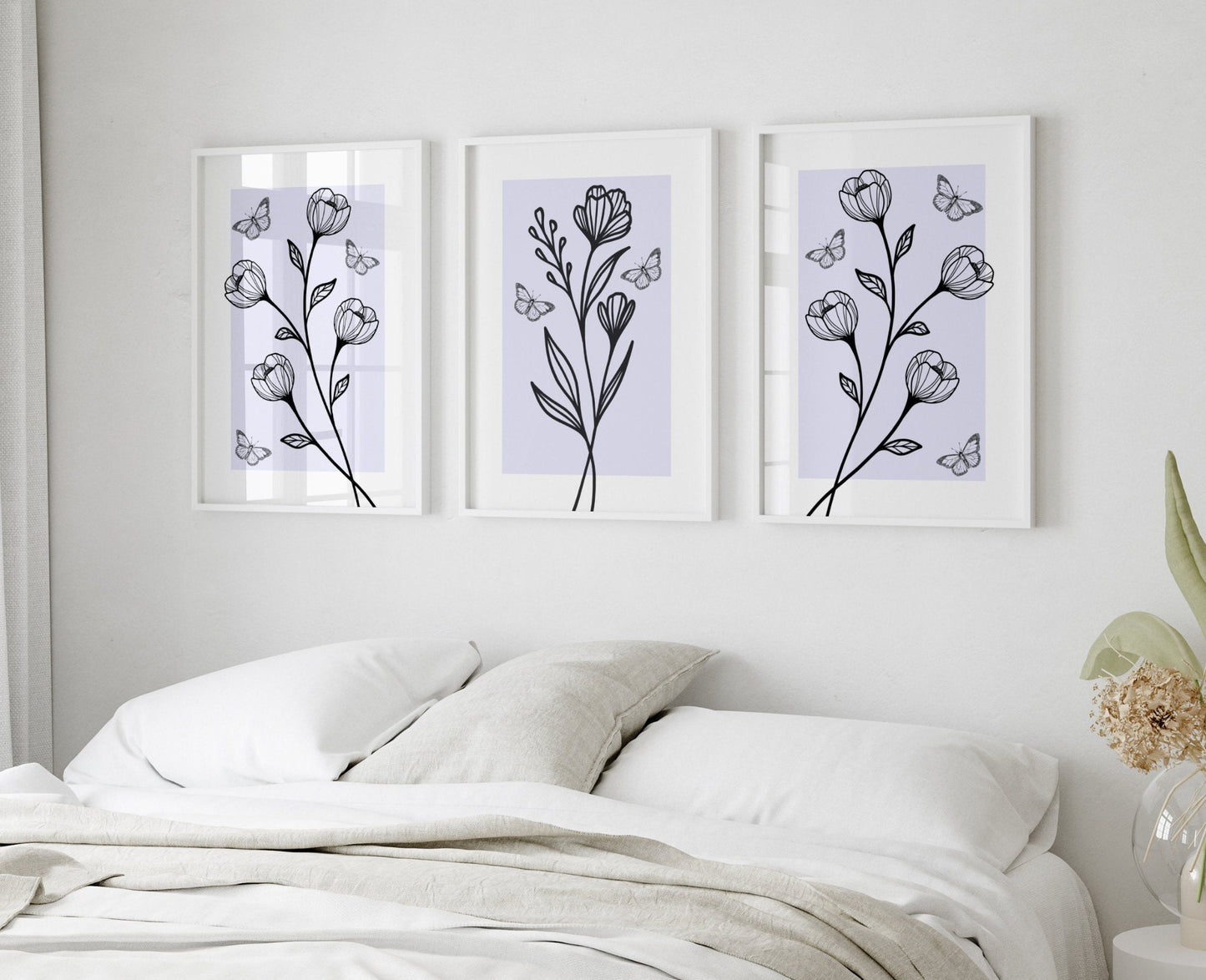 Lavendar Wall Art Set of 3 Flower Pictures for Wall Peony Print Botanical Line Art Aesthetic Bedroom Prints Pastel Purple Bedroom Decor Boho Graphic Tee – Cozy Vibes · High-Quality Print