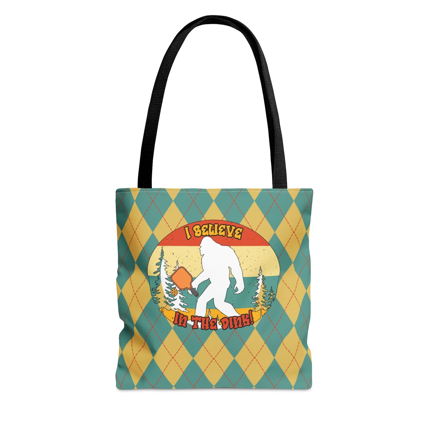 Vintage Rhombus Bigfoot Pickleball AOP Tote Bag Believe in the Dink with Style Tote Bag – Cozy Vibes · High-Quality Print