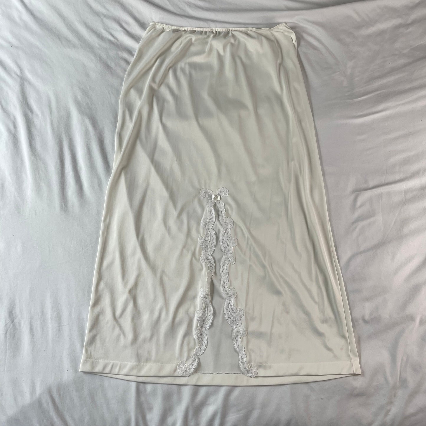 White Vintage 60s 70s Slip Maxi Skirt Lace Slit and Bow Detail Coquette Cottage Size Large Graphic Tee – Soft Feel · Must-Have Style