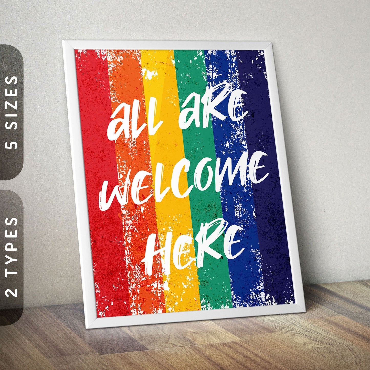 All Are Welcome Here Poster Inclusive LGBTQ Print Safe Space Poster Rainbow Wall Art LGBT Wall Decor Equality Diversity Print Graphic Tee – Everyday Comfort · Trending Graphic Apparel