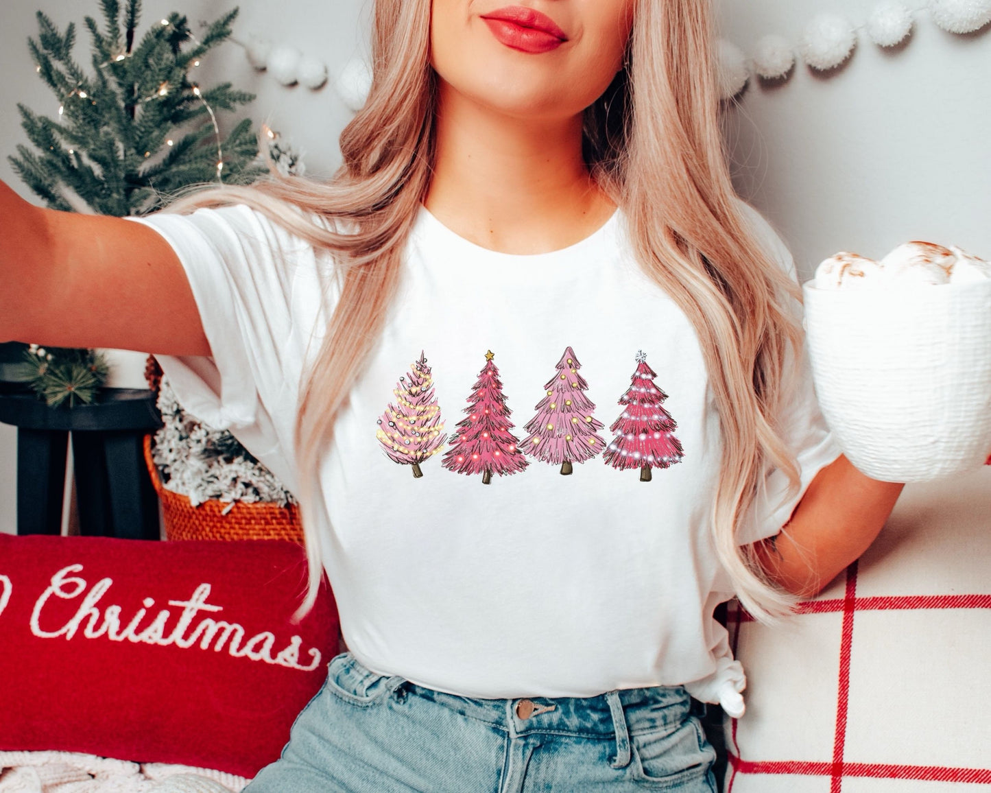Christmas Tree Shirt Pink Tree Christmas TShirt Christmas Gifts Christmas Shirt Holiday Shirt For Women New Year Tee Merry And Bright Graphic Tee – Soft Feel · Top Pick For Any Outfit