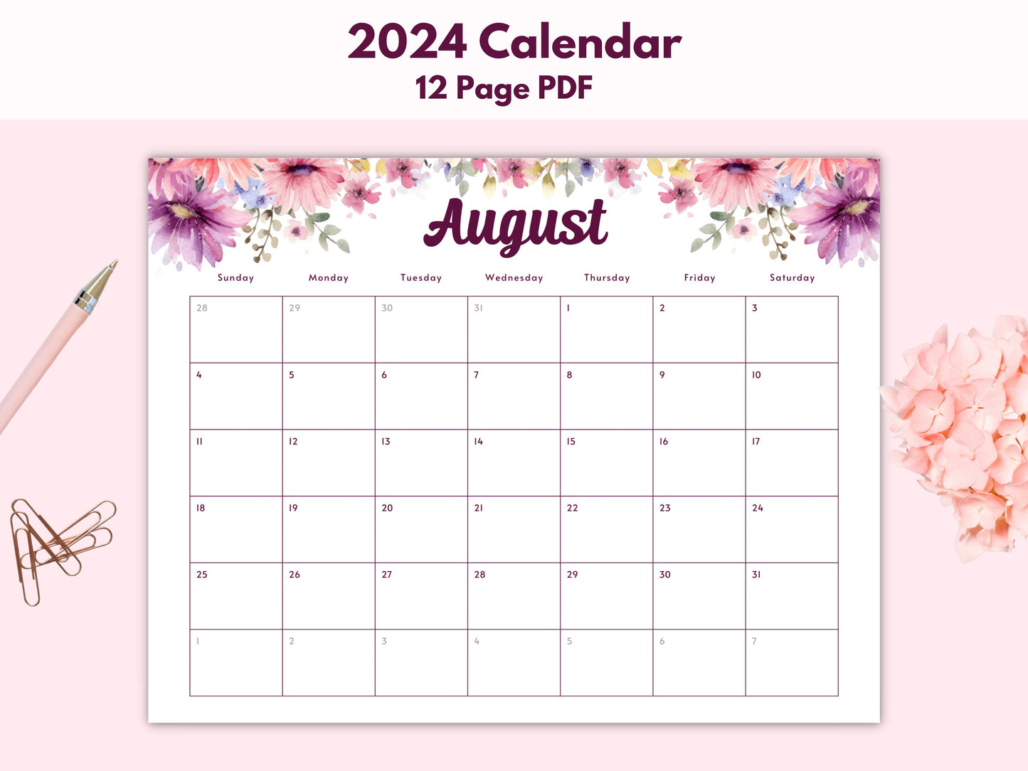 Floral Monthly Calendar 2024 Printable Flower Calendar 2024 Calendar Printable Only Wildflower Calendar 2024 Monthly Calendar Horizontal Graphic Tee – Feel-Good Design · High-Quality Print