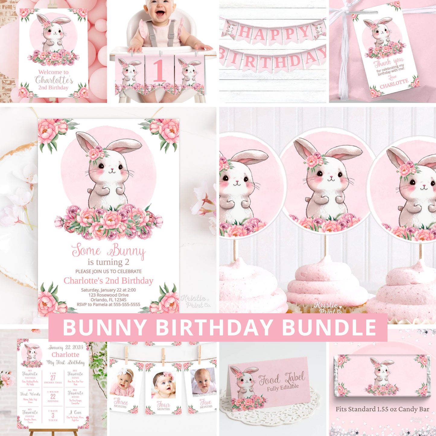Editable Bunny Birthday Decor Birthday Party Bundle Some Bunny Is One Decorations Rabbit Birthday Girl First Birthday Theme 2nd BUNNY1 Graphic Tee – Bold Style · Must-Have Style