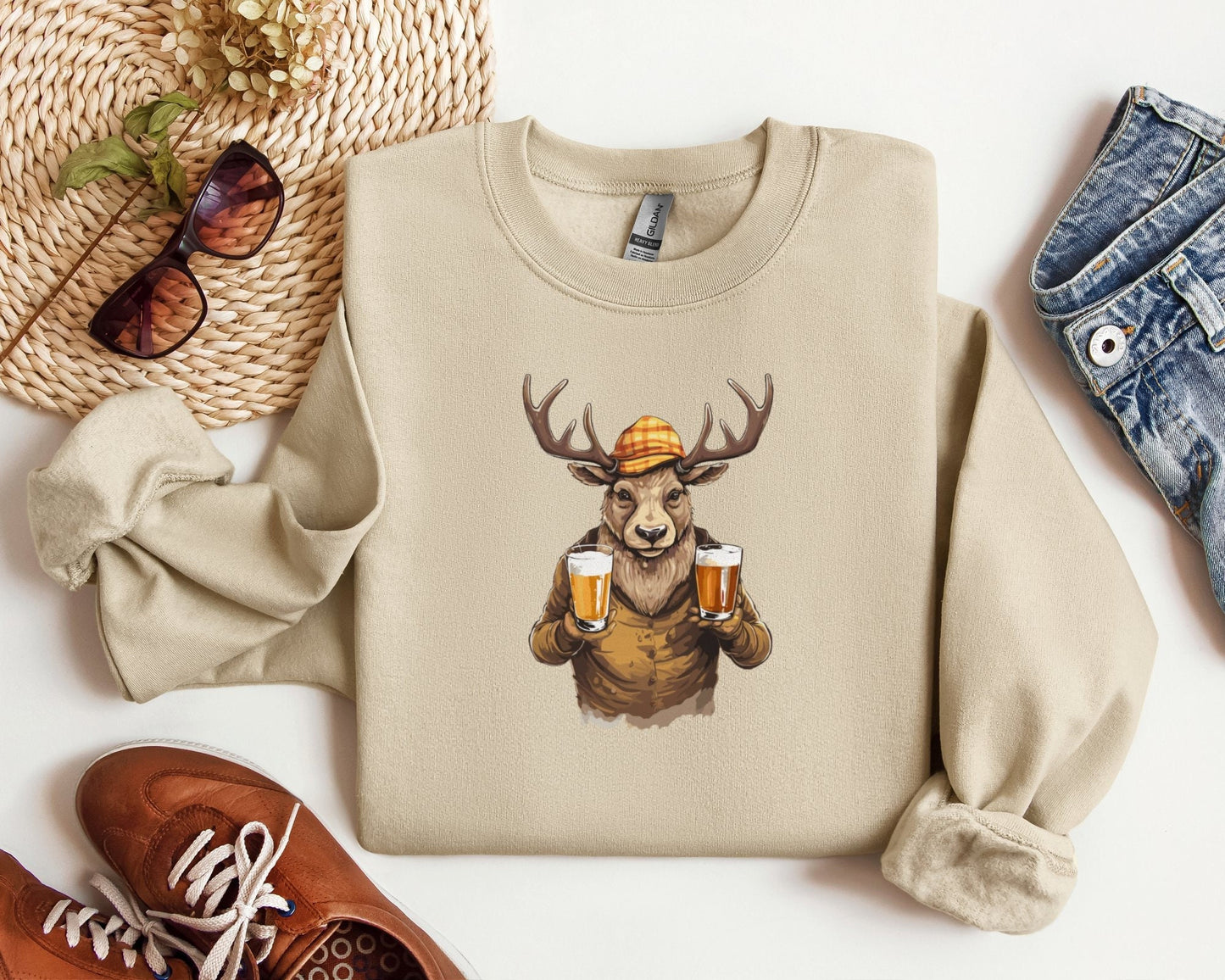 Reindeer with two beers Sweatshirt Funny Ugly Xmas Sweater Men Women Funny Christmas Party Sweatshirt Gift for Beer Lovers and Hunters Sweatshirt – Warm & Stylish · Must-Have Style