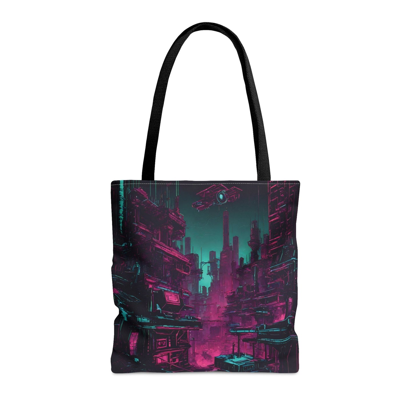 Cyberpunk Dystopia Tote Bag AOP Design with Futuristic Drones Tote Bag – Aesthetic Look · Great Gift For Fans