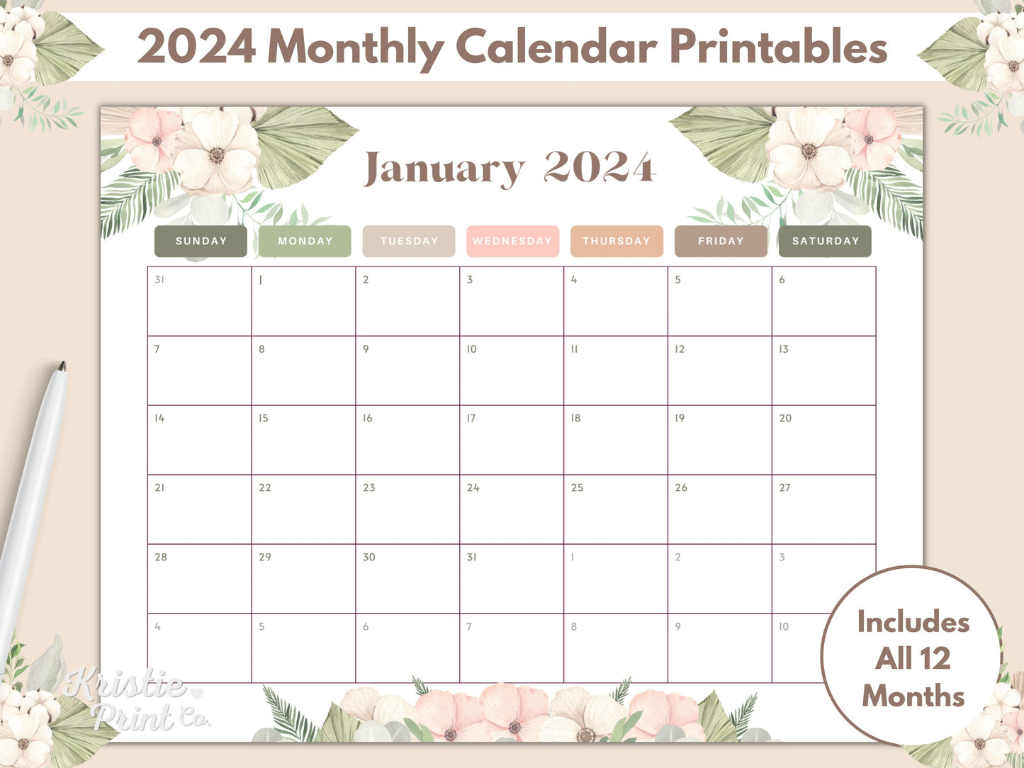 Boho Calendar 2024 Monthly Calendar Printable Sunday Start Planner Printable Calendar Template Horizontal Calendar Modern Calendar 2024 Graphic Tee – Premium Graphic · Trending Graphic Apparel