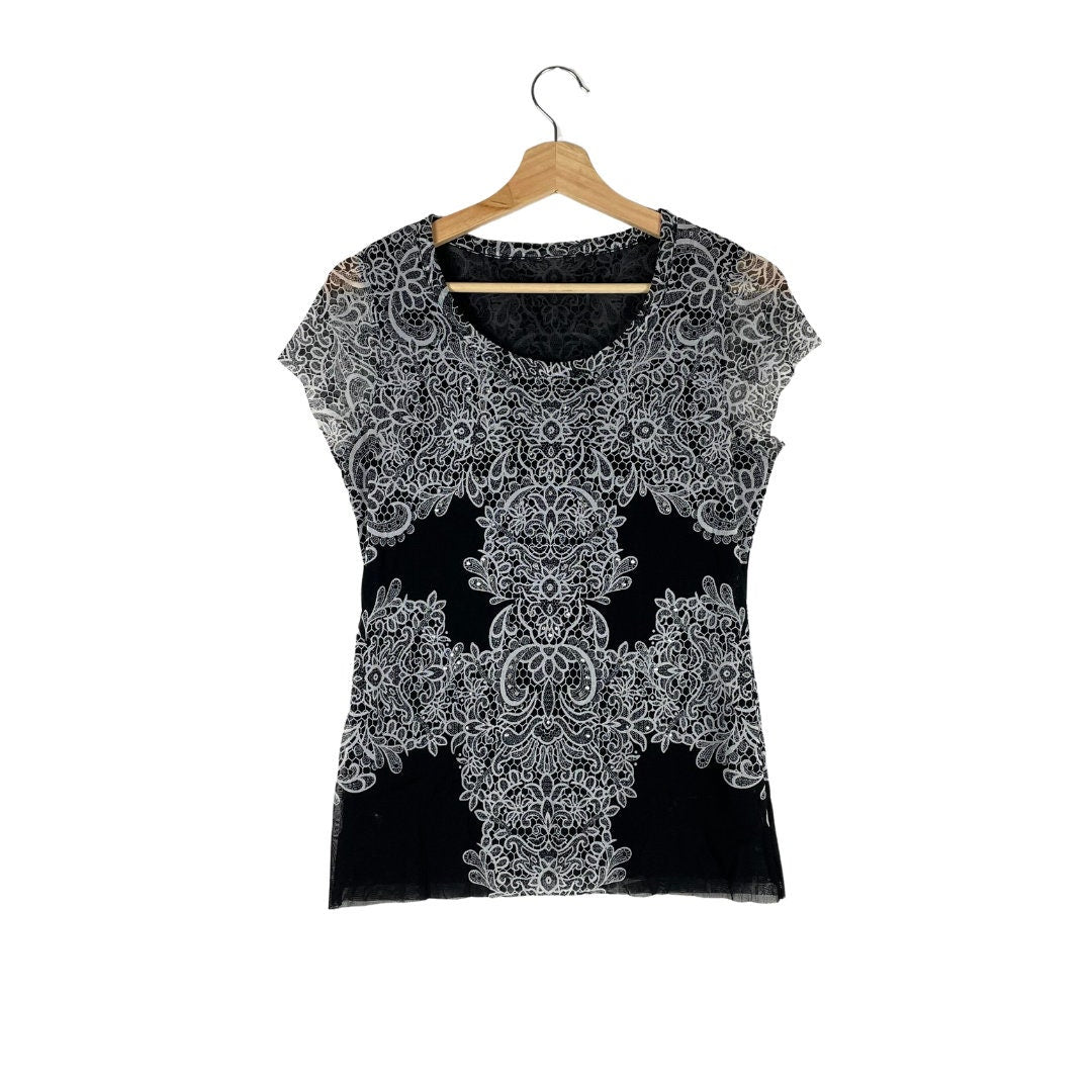 Black Micro Mesh Shirt w Graphic Print Detail Rhinestones Vintage Y2K early 2000s Grunge Goth Club Kid Graphic Tee – Premium Graphic · High-Quality Print