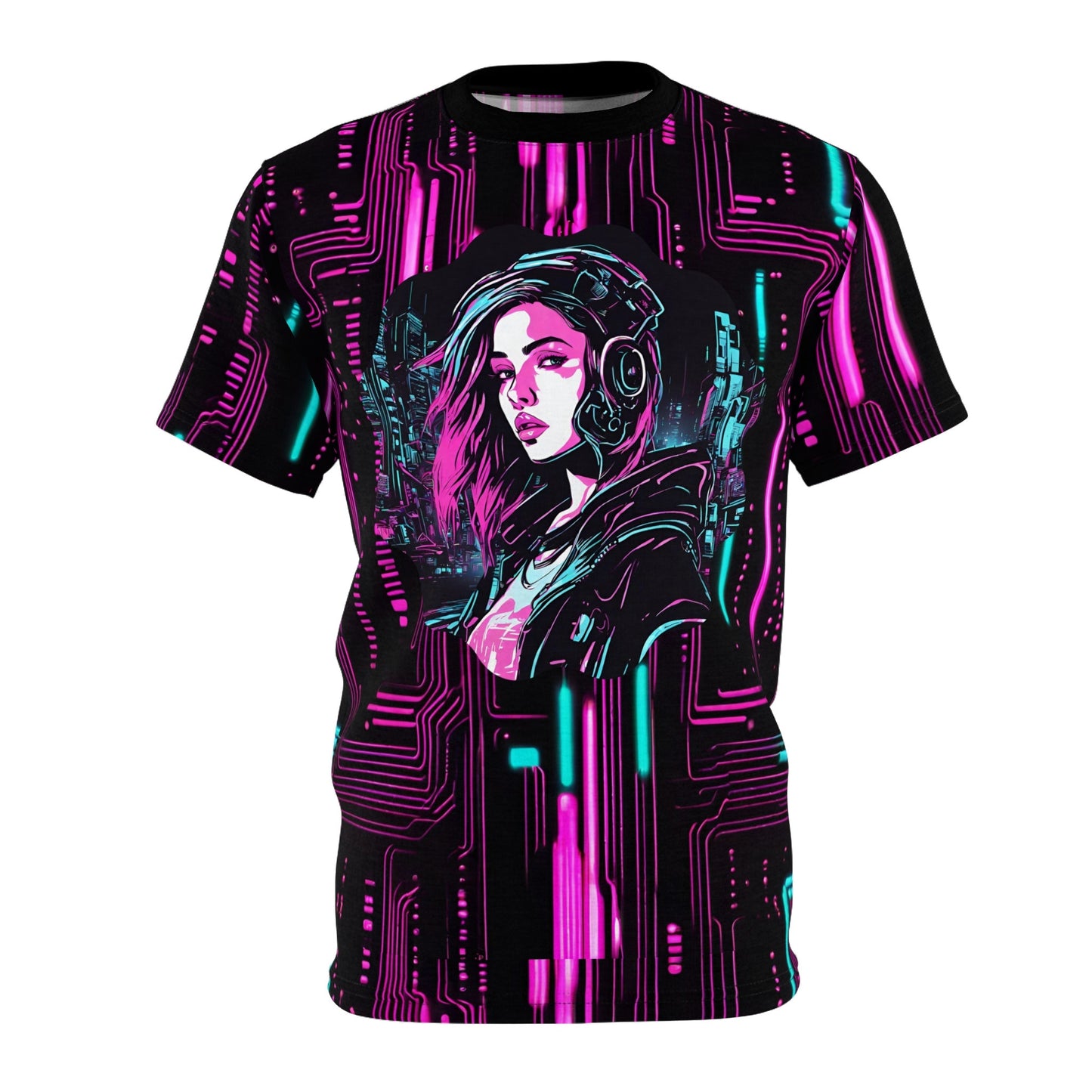 Cyberpunk Girl Unisex AOP Tee Neon Lights 3D Circuit Board Design Graphic Tee – Bold Style · Great Gift For Fans