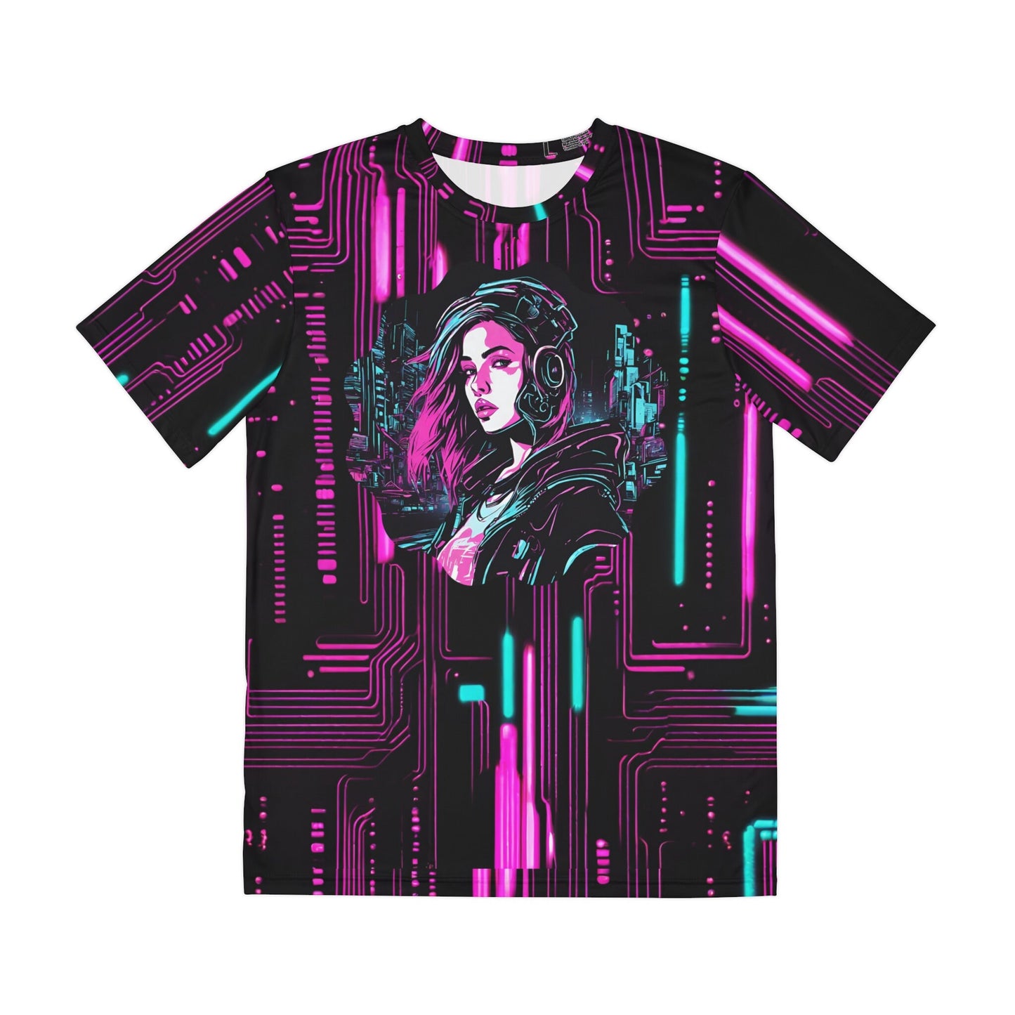 Cyberpunk Girl Men39s Polyester AOP Tee Neon Lights 3D Circuit Board Design Graphic Tee – Everyday Comfort · Great Gift For Fans