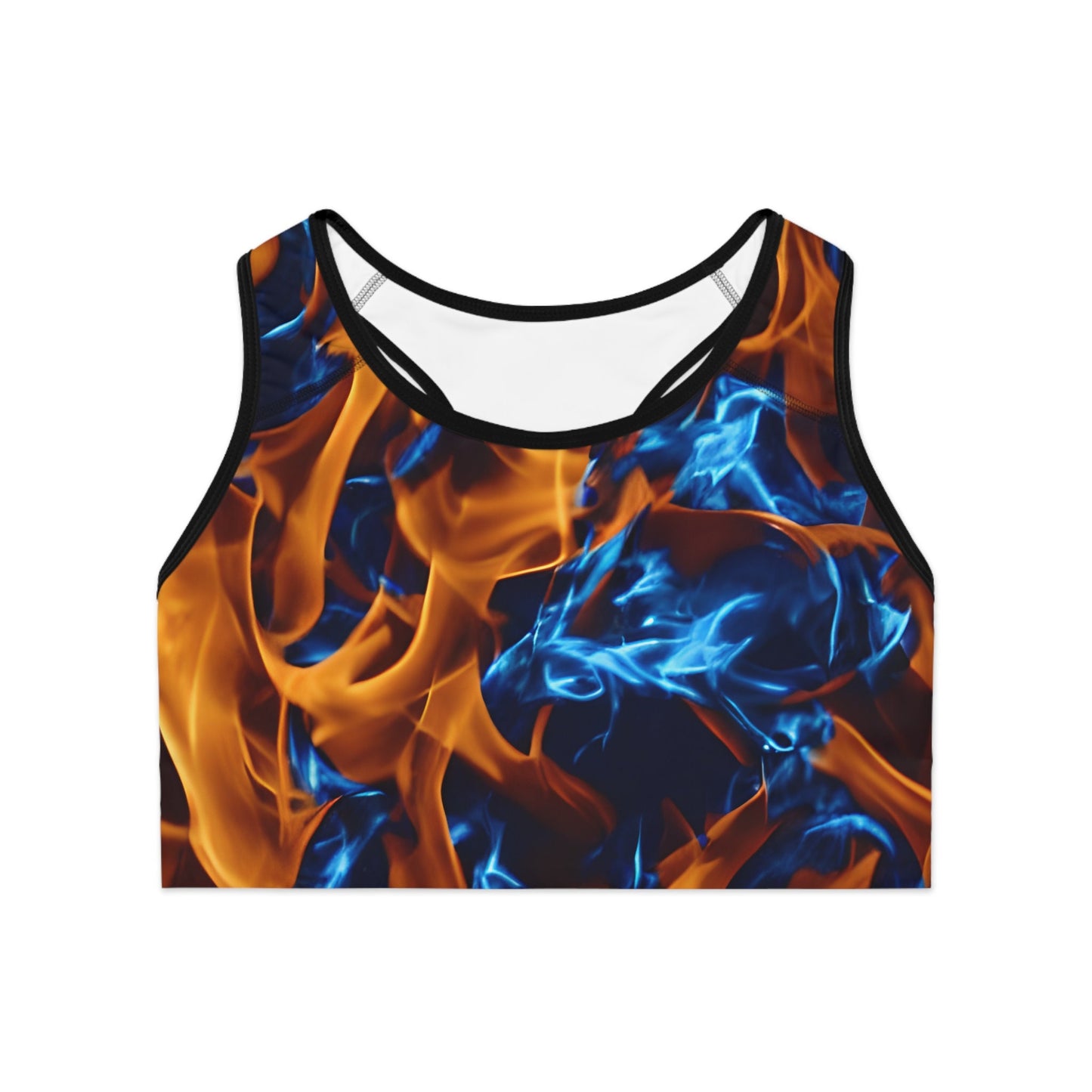 Blue and Orange Flame All Over Print AOP Sports Bra Ignite Your Workout Style Graphic Tee – Fan Favorite · Top Pick For Any Outfit