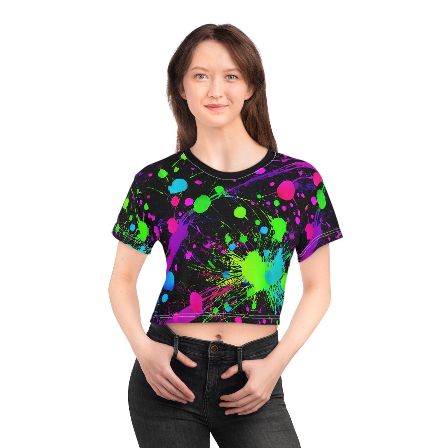 Green and Pink Paint Splatter Crop Tee AOP Trendy and Vibrant Statement Piece Crop Tee AOP Graphic Tee – Feel-Good Design · Top Pick For Any Outfit