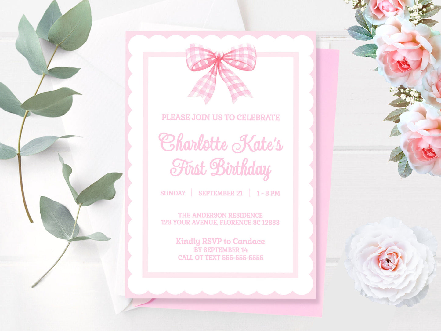 First Birthday Invite Classic Pink Bow Invitation Pink Bow Party Decor Grandmillennial Invitation Pink Gingham Bow Girl 1rst Birthday PINK1 Graphic Tee – Cozy Vibes · Must-Have Style