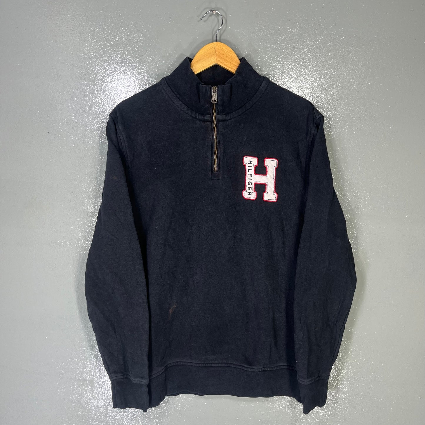 Vintage Tommy Hilfiger Tag Big Logo Embroidered Sweatshirt Turtleneck Quarter Zipper Tommy Hilfiger Sweater Colour Black Size Large Sweatshirt – Premium Graphic · Trending Graphic Apparel