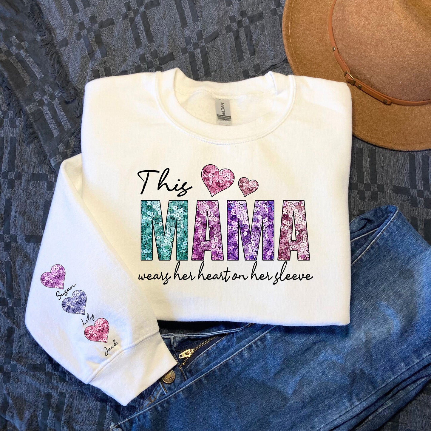 Custom This Mama Wears Her Heart on Her Sleeve Sweatshirt Kids Valentine Shirt Personalized Valentine Sweater Mama Valentine39s Day Shirt Sweatshirt – Soft Feel · Trending Graphic Apparel