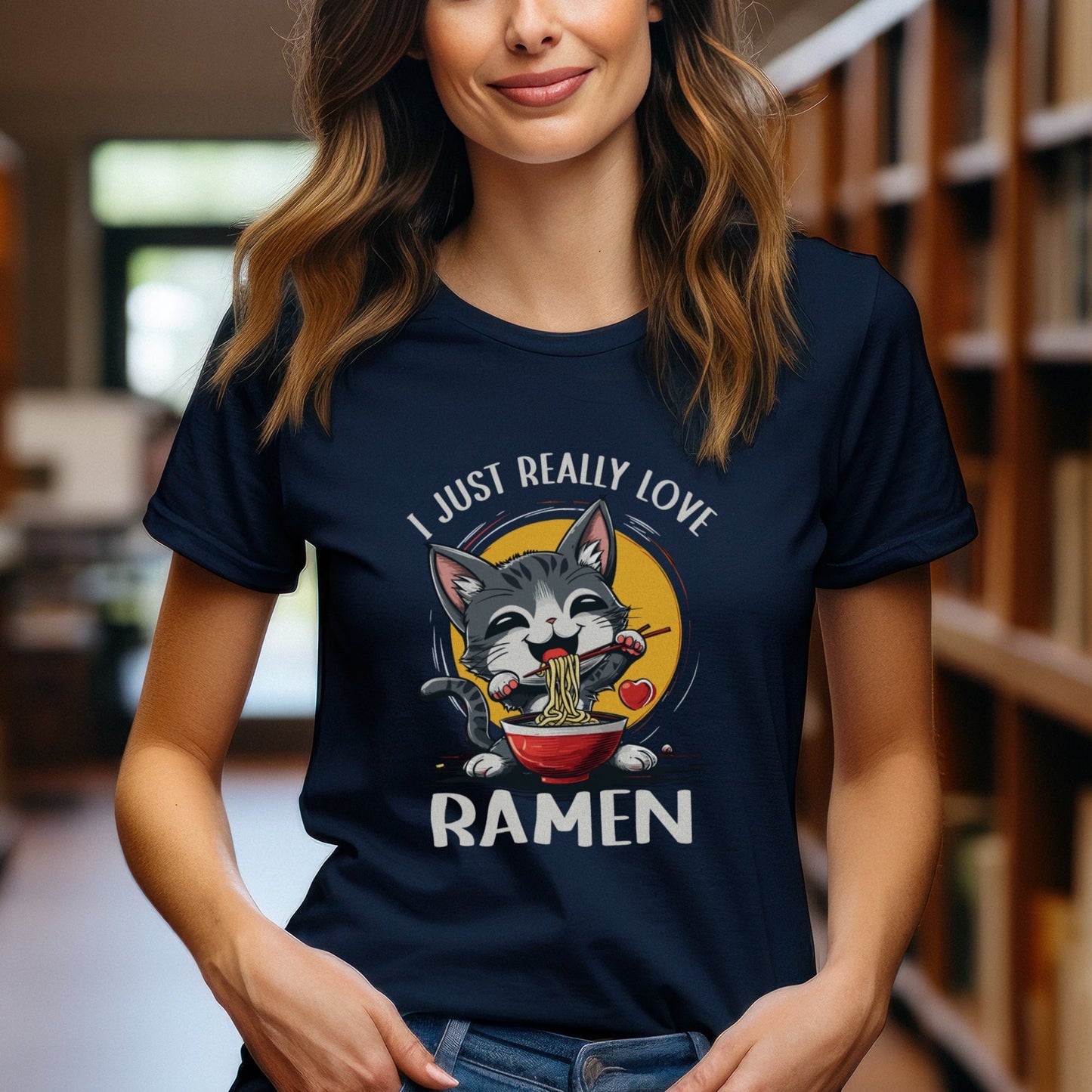 Cute Cat Ramen Lover T Shirt Funny Noodle Eating Kitten Graphic Tee Cozy Anime Sweatshirt Adorable Kawaii Cat Shirt Gift for Girlfriend Sweatshirt – Fan Favorite · High-Quality Print