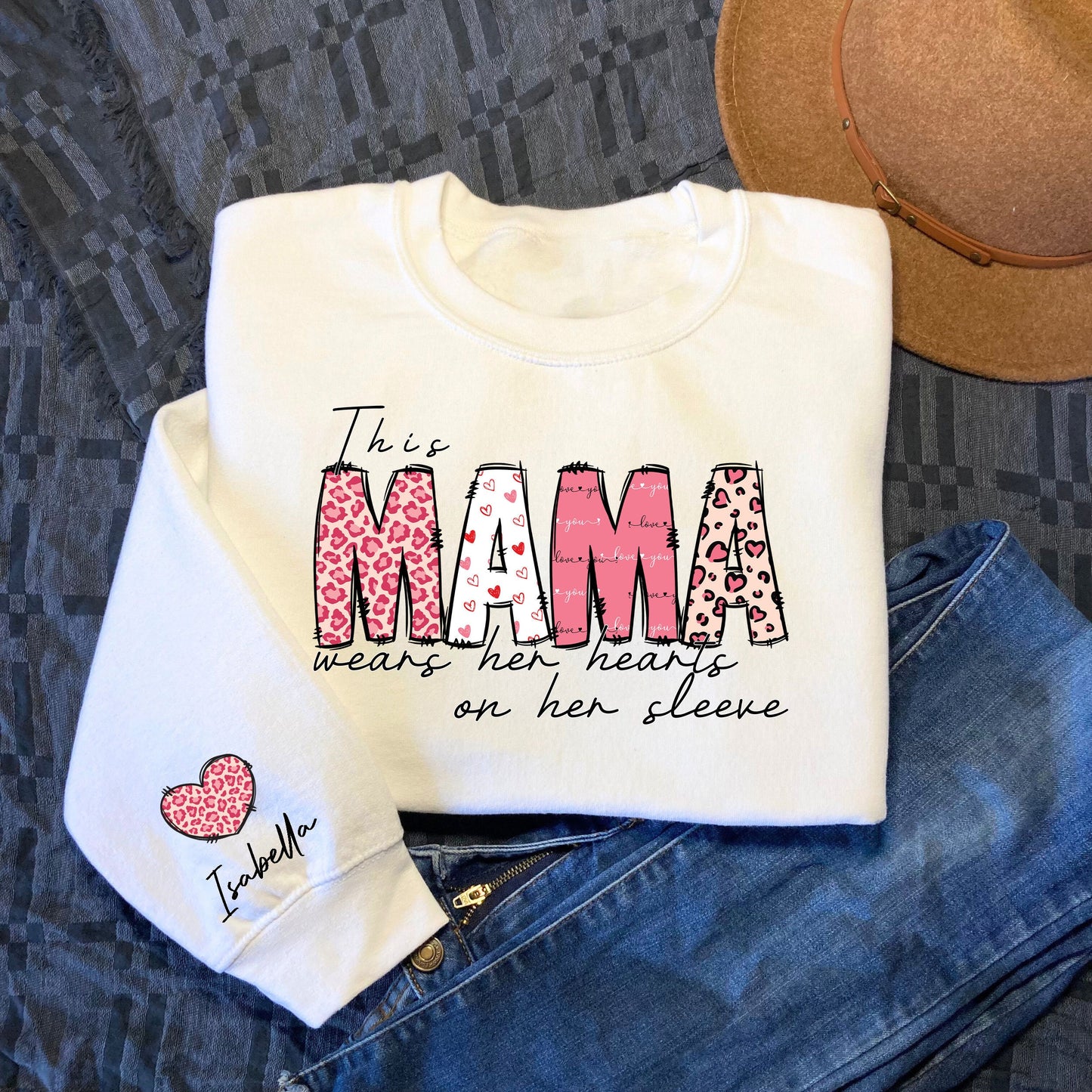 Custom This Mama Wears Her Hearts On Her Sleeve Sweatshirt Custom Kid Name Valentine SweatshirtValentine Mama SweatshirtValentine Sweater Sweatshirt – Cozy Vibes · Great Gift For Fans