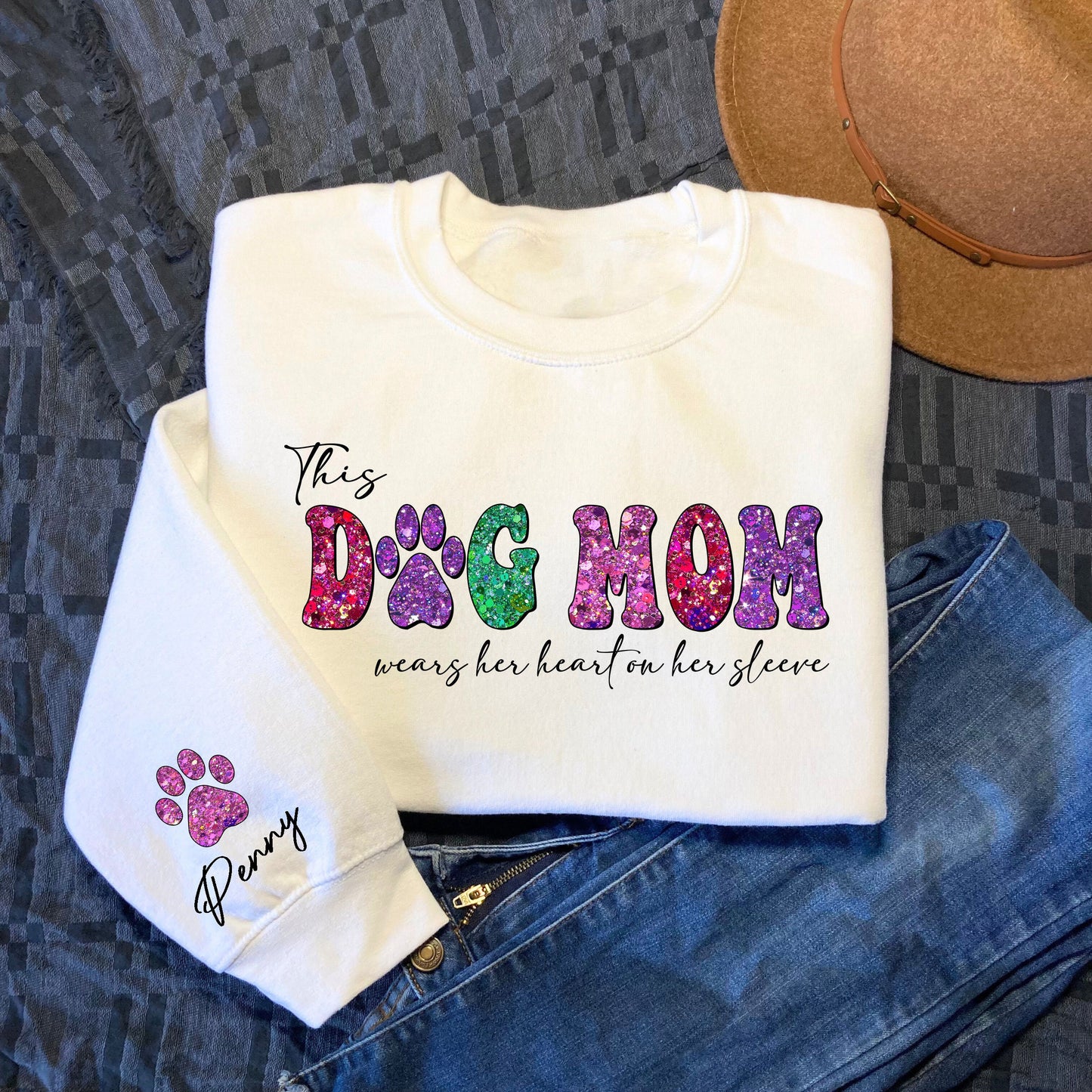 Custom This Dog Mom Wears Her Heart on Her Sleeve Sweatshirt Custom Dog Mama Sweatshirt with Pet Name Dog Mom SweaterMama Valentines Gift Sweatshirt – Premium Graphic · Must-Have Style