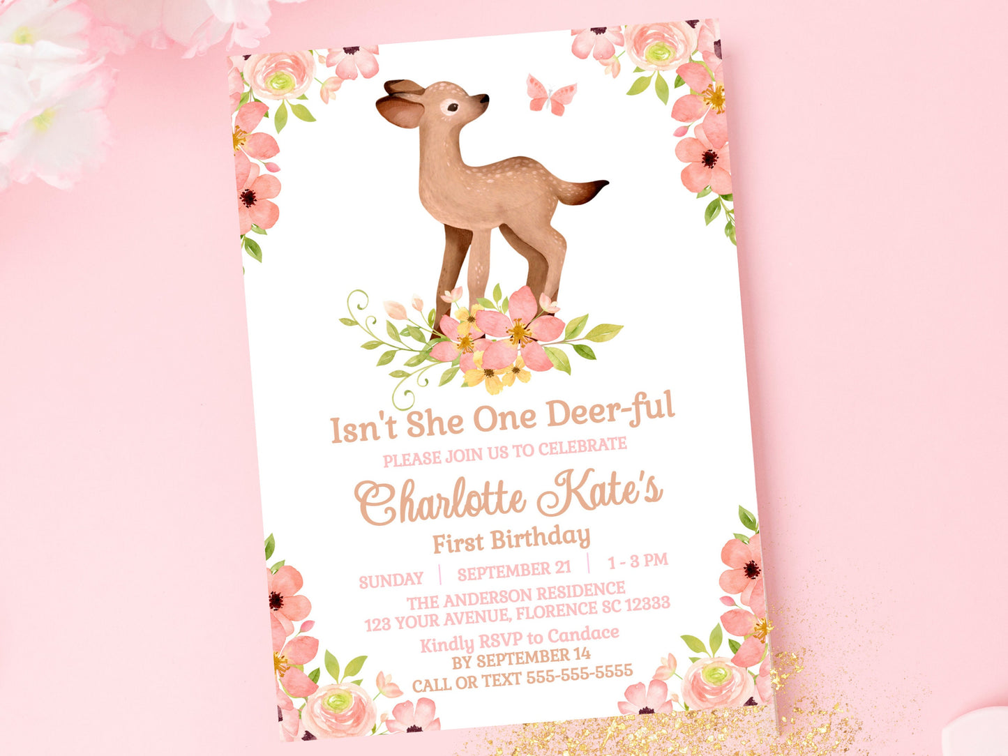 Deer Birthday Invite Girl One Deer Ful Birthday Invitations With Photo First Birthday Invite Girl 1rst Invite Woodland Birthday Girls DEER2 Graphic Tee – Aesthetic Look · Great Gift For Fans