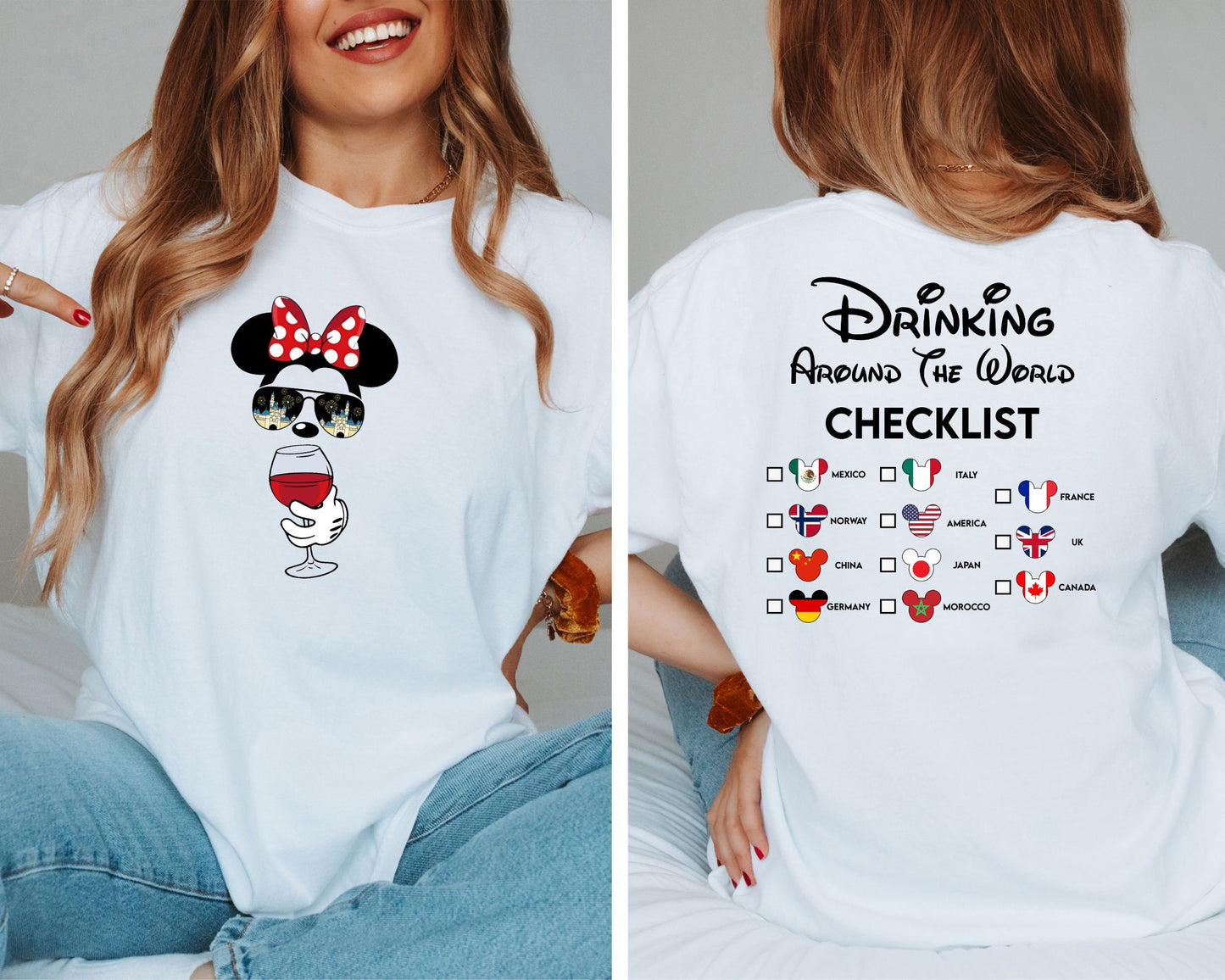 Mickey Beer Minnie Wine Front and Back Drinking Around The World Shirt Drinking Around The World Checklist Disney Couple Shirts Gifts Graphic Tee – Soft Feel · Must-Have Style